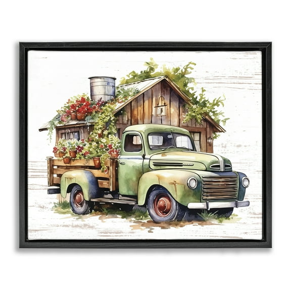 Stupell Industries Rustic Pickup with Greenery Transportation Painting Black Floater Framed Canvas Art Print Wall Art, 21 x 17