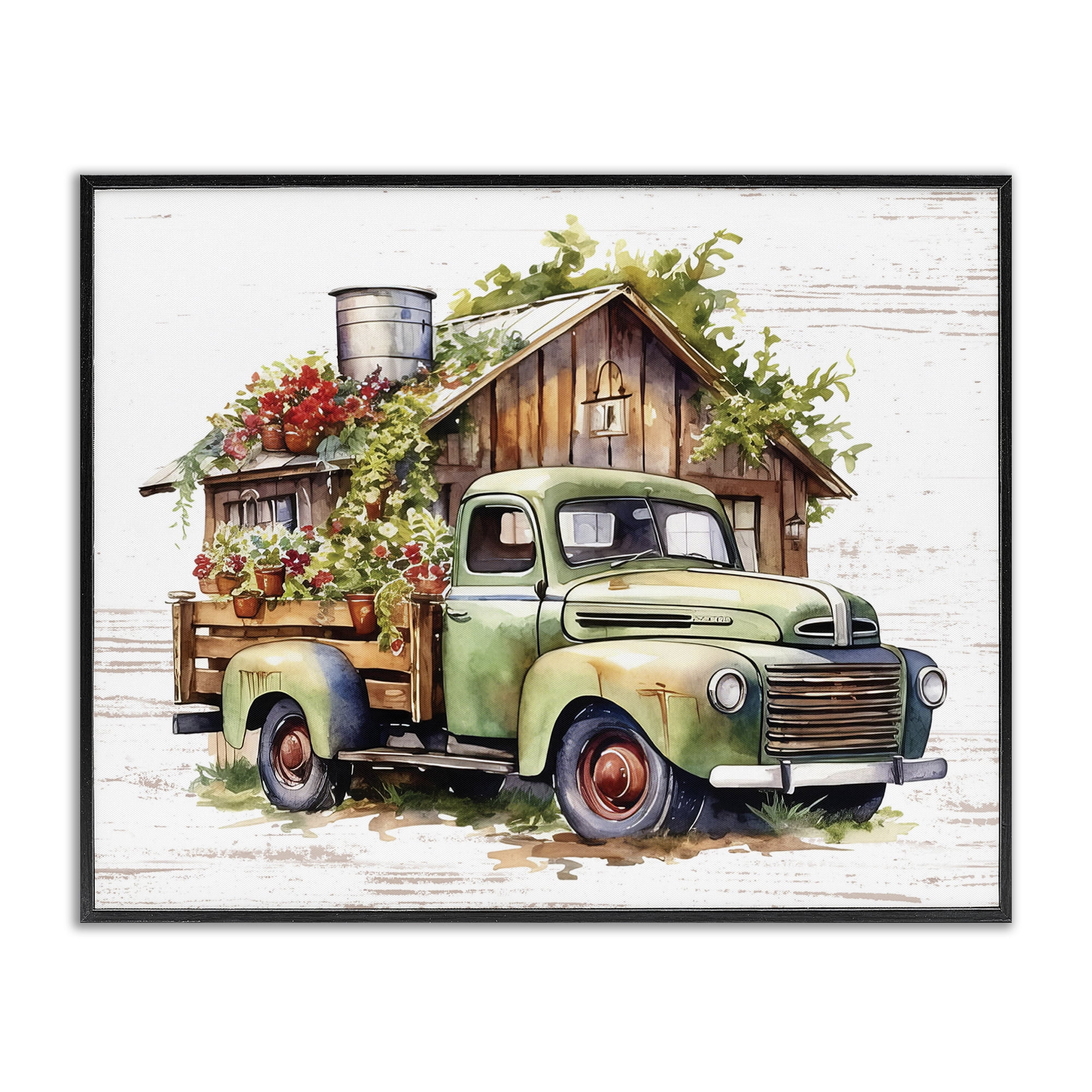 Stupell Industries Rustic Pickup with Greenery Transportation Painting Black Framed Art Print Wall Art, 20 x 16