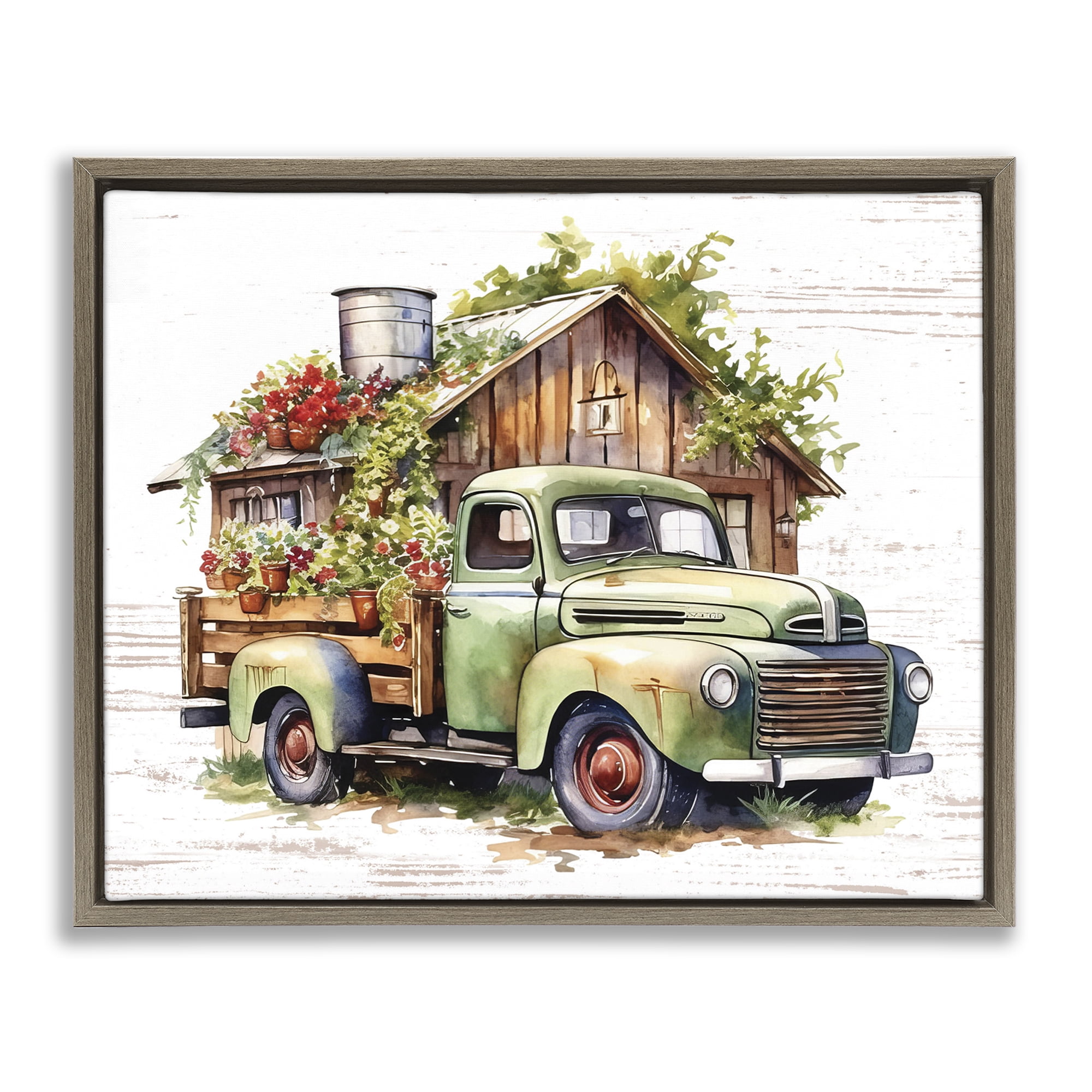 Stupell Industries Rustic Pickup with Greenery Transportation Painting Brown Floater Framed Canvas Art Print Wall Art, 21 x 17