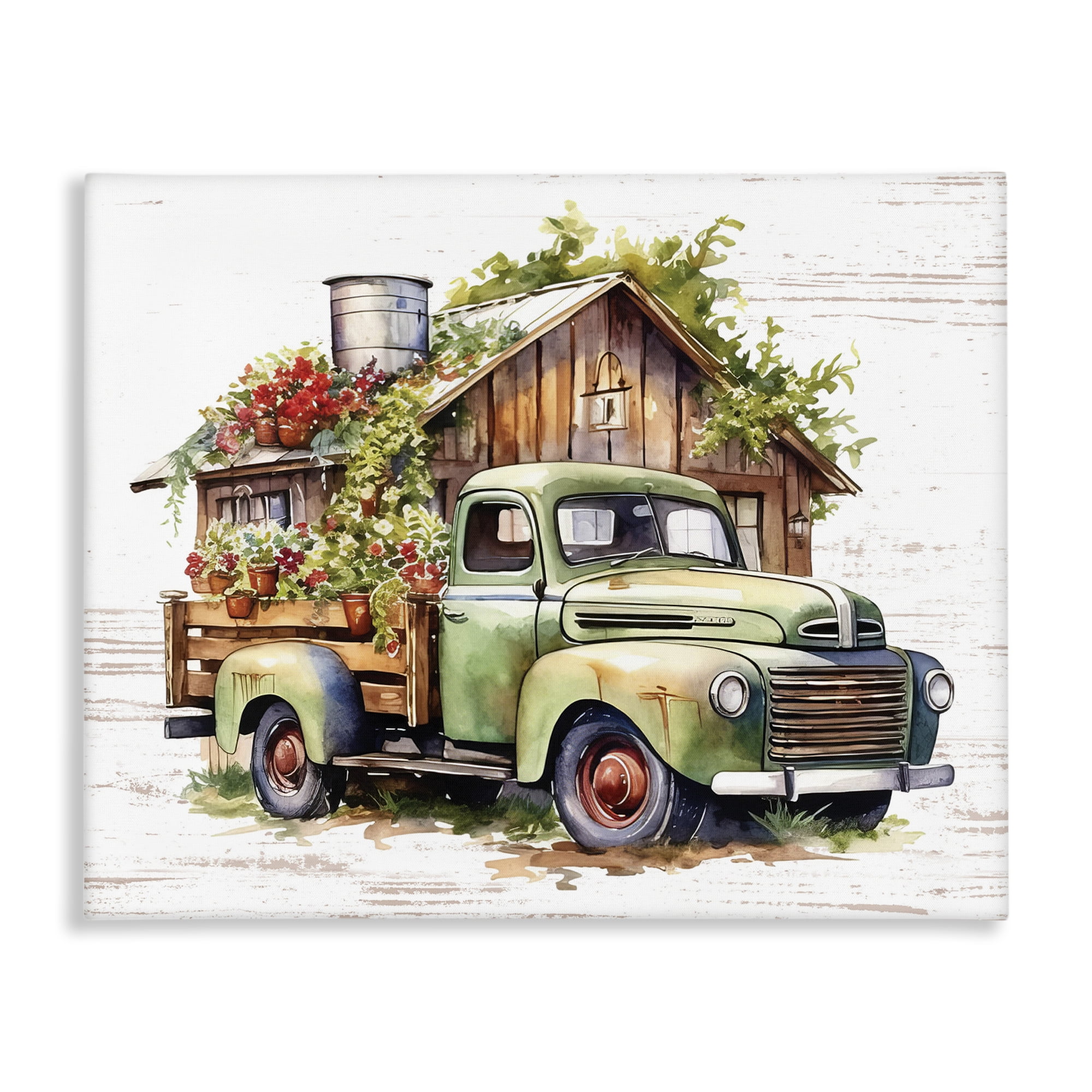 Stupell Industries Rustic Pickup with Greenery Transportation Painting Gallery Wrapped Canvas Art Print Wall Art, 20 x 16