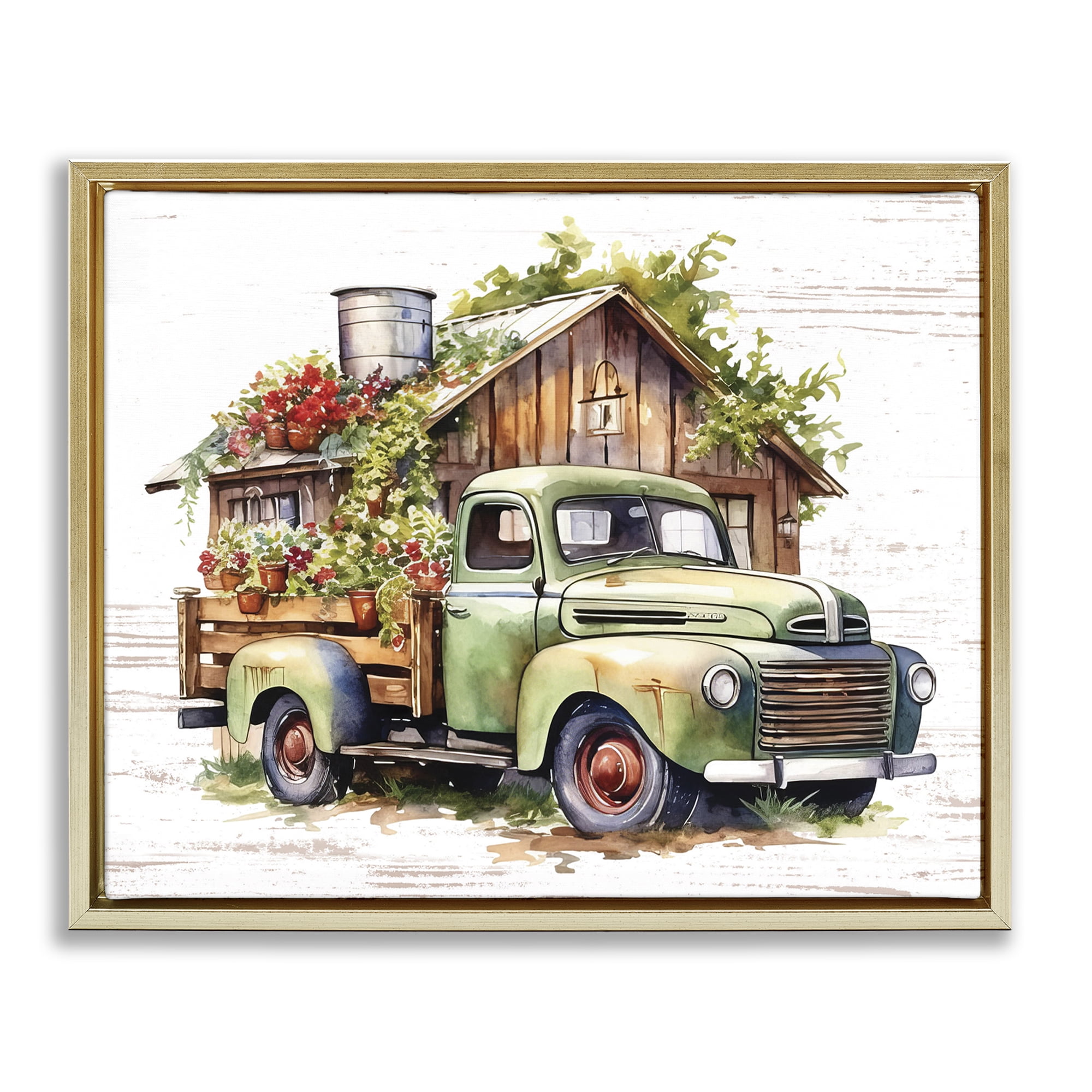 Stupell Industries Rustic Pickup with Greenery Transportation Painting Gold Floater Framed Canvas Art Print Wall Art, 31 x 25