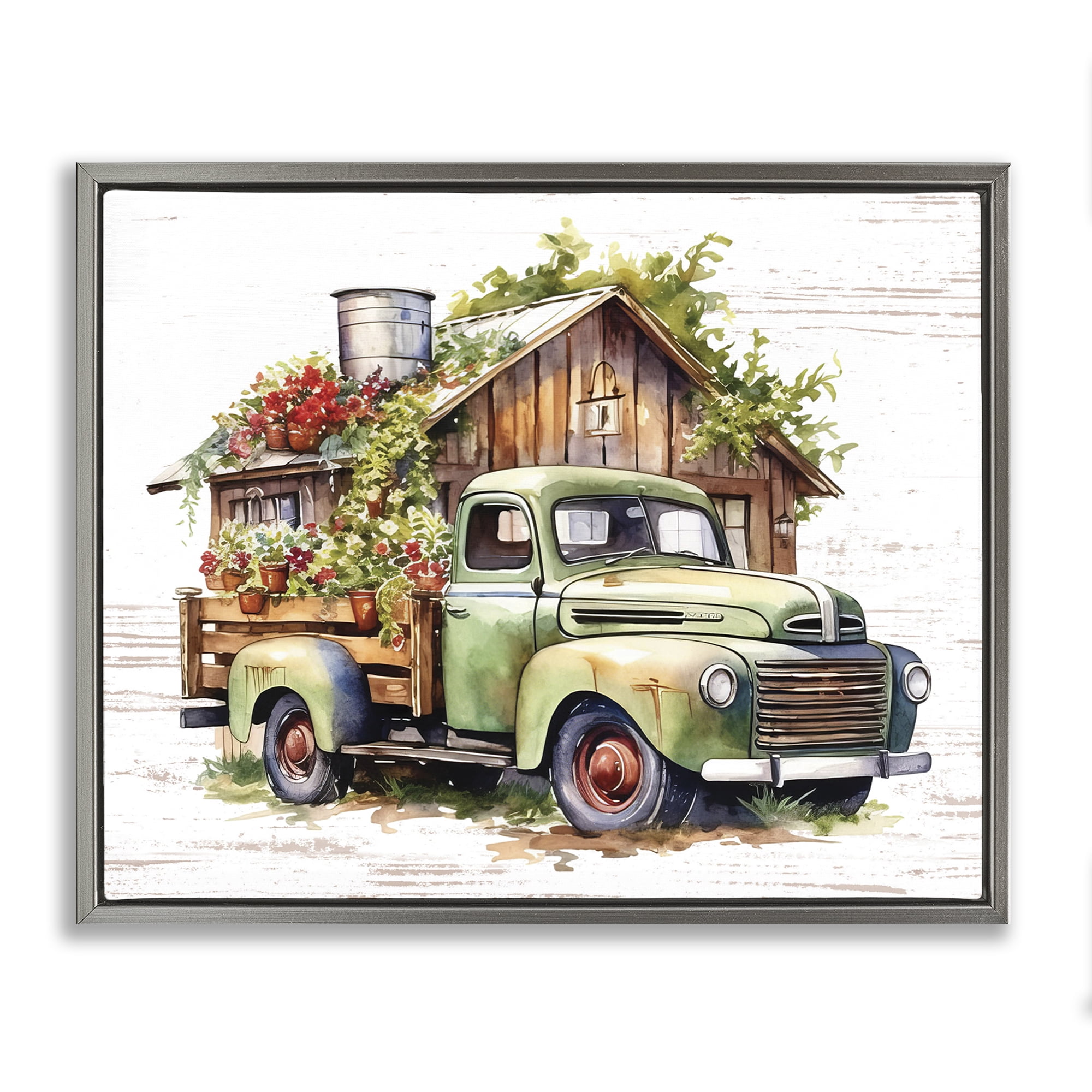 Stupell Industries Rustic Pickup with Greenery Transportation Painting Gray Floater Framed Canvas Art Print Wall Art, 31 x 25