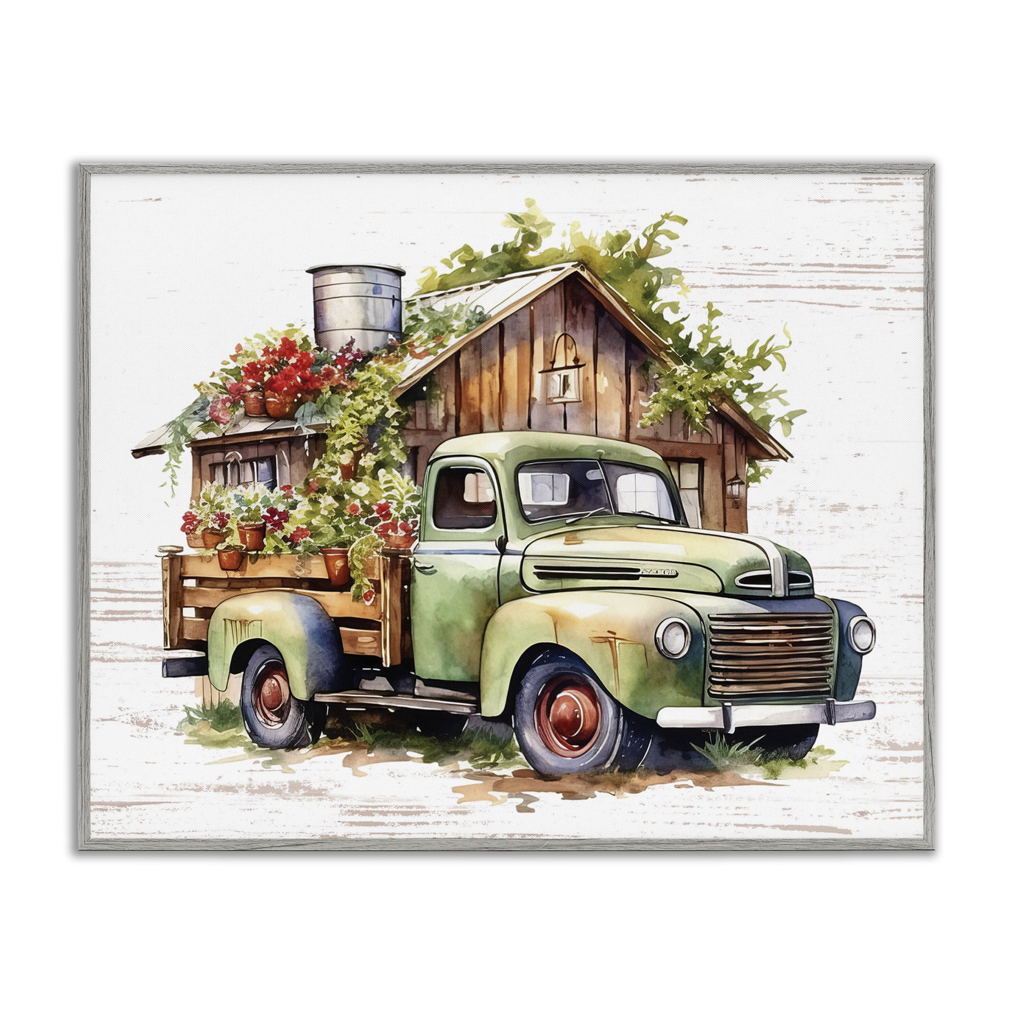 Stupell Industries Rustic Pickup with Greenery Transportation Painting Gray Framed Art Print Wall Art, 14 x 11