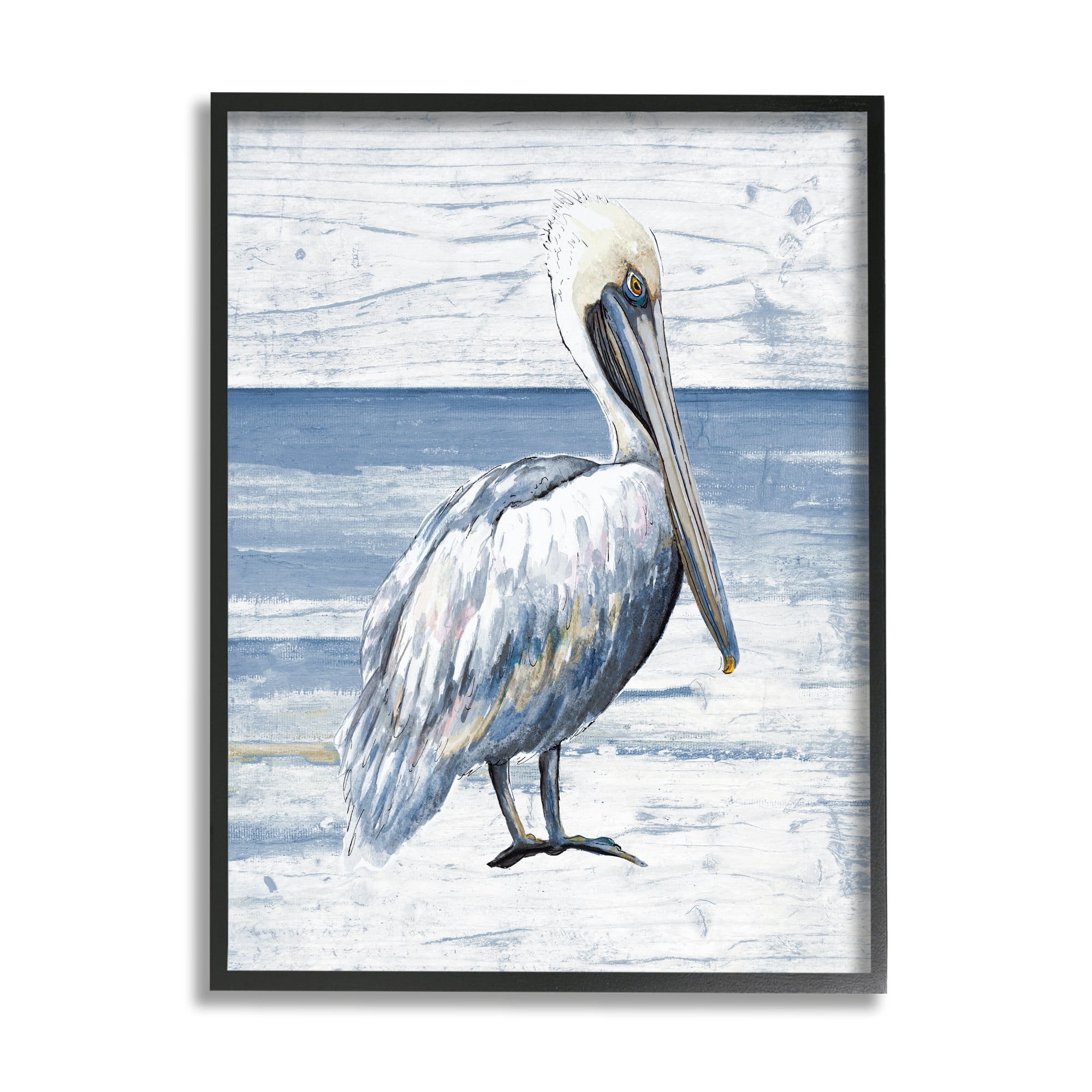 Stupell Industries Rustic Plank Pattern Pelican Animals & Insects Painting Black Framed Art Print Wall Art, 16 x 20
