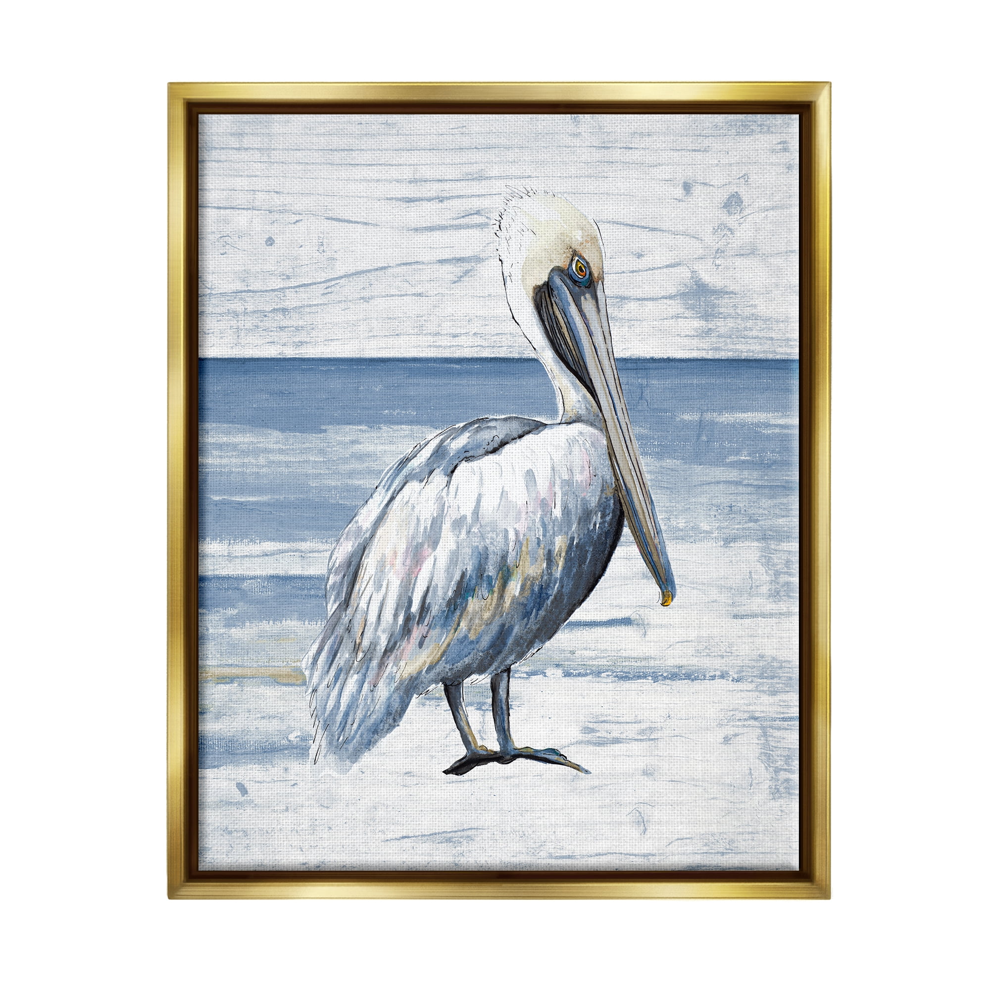Stupell Industries Rustic Plank Pattern Pelican Animals & Insects Painting Gold Floater Framed Canvas Art Print Wall Art, 17 x 21