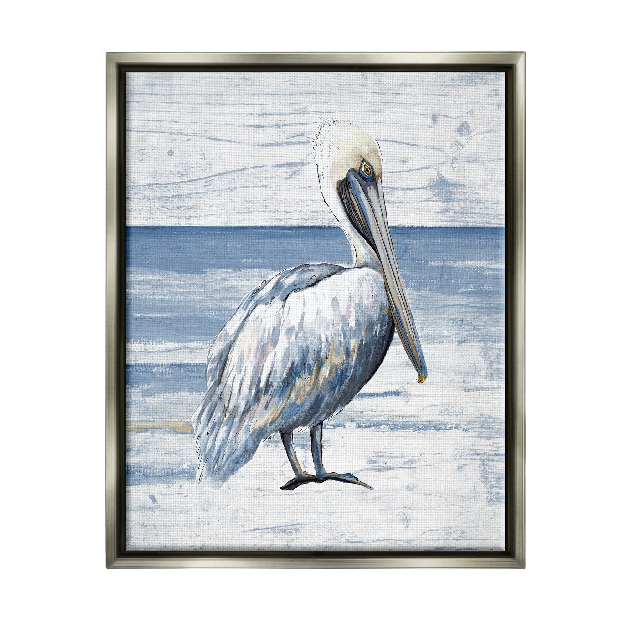 Stupell Industries Rustic Plank Pattern Pelican Animals & Insects Painting Gray Floater Framed Canvas Art Print Wall Art, 25 x 31