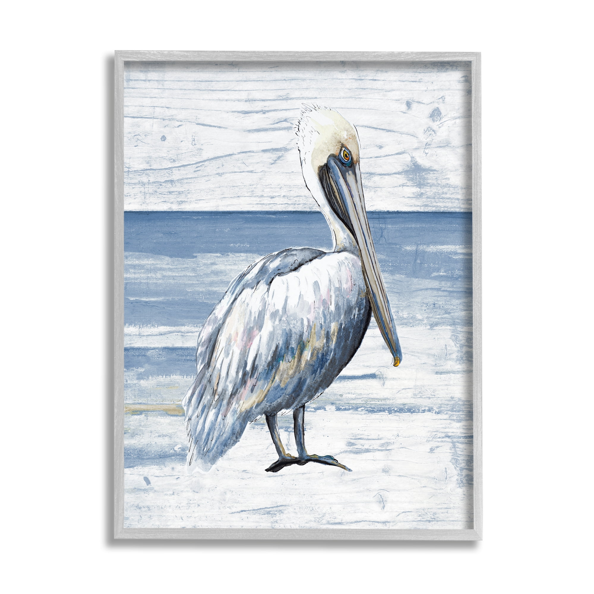 Stupell Industries Rustic Plank Pattern Pelican Animals & Insects Painting Gray Framed Art Print Wall Art, 16 x 20