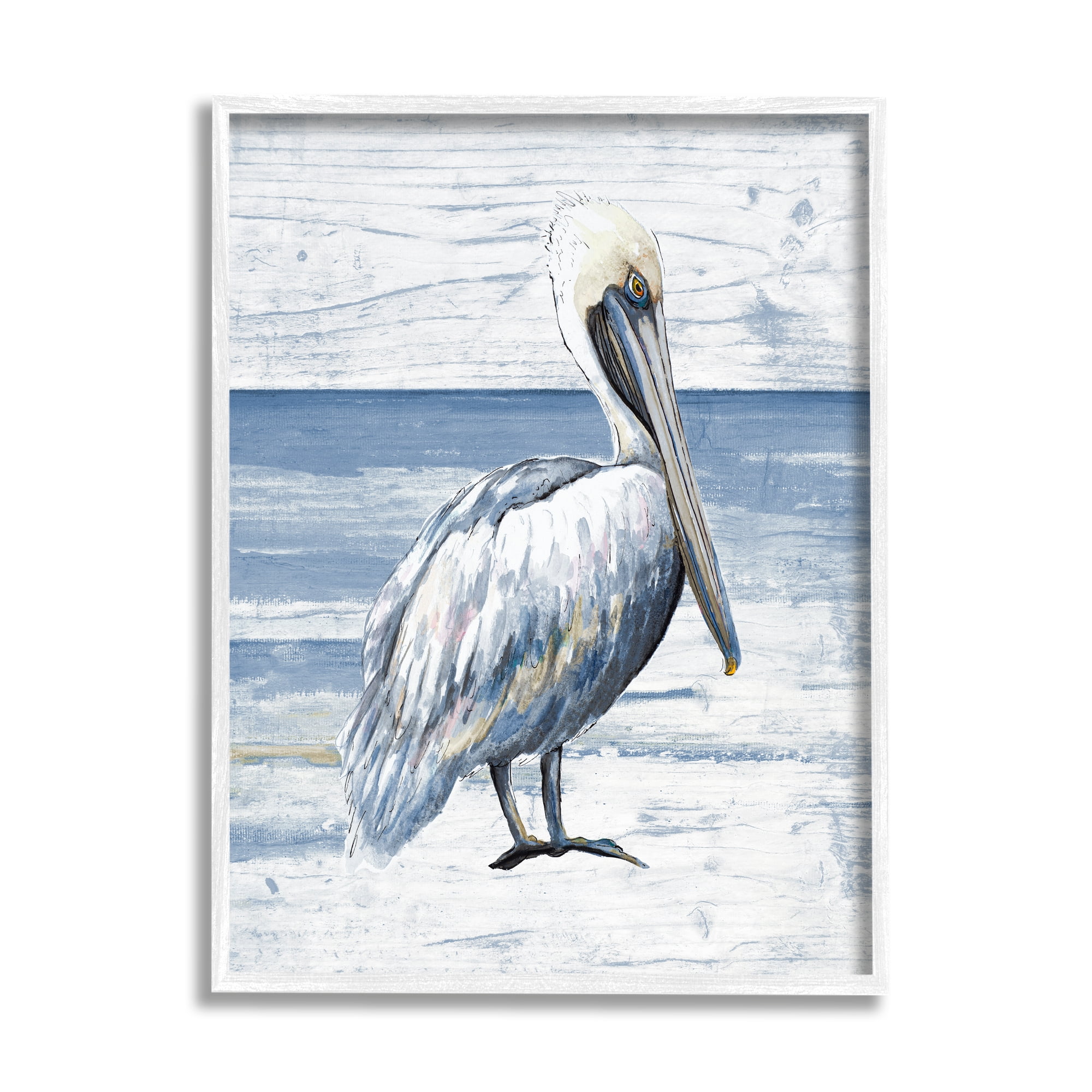 Stupell Industries Rustic Plank Pattern Pelican Animals & Insects Painting White Framed Art Print Wall Art, 16 x 20