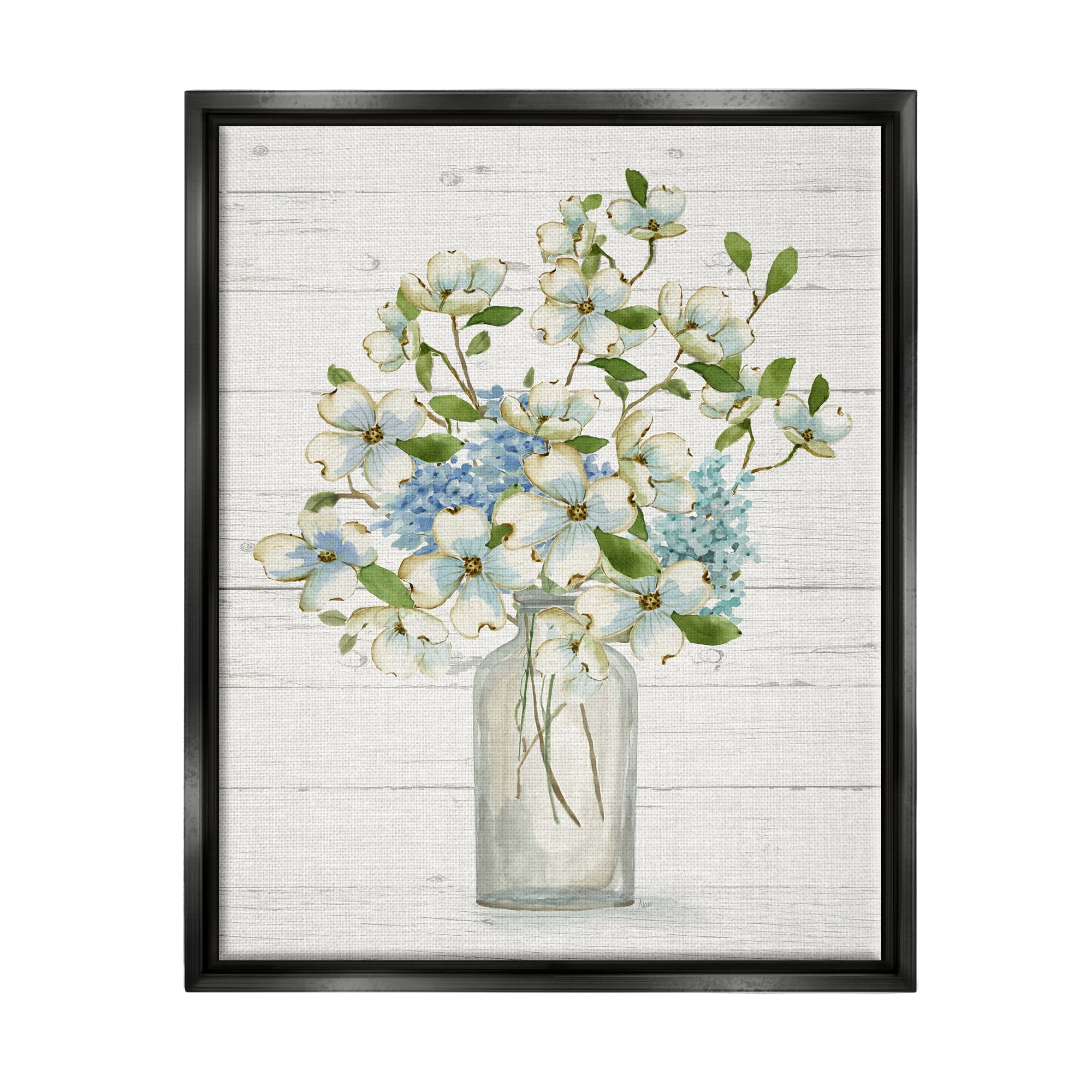 Stupell Industries Rustic Planked Dogwood Bouquet Botanical & Floral Painting Black Floater Framed Canvas Art Print Wall Art, 25 x 31