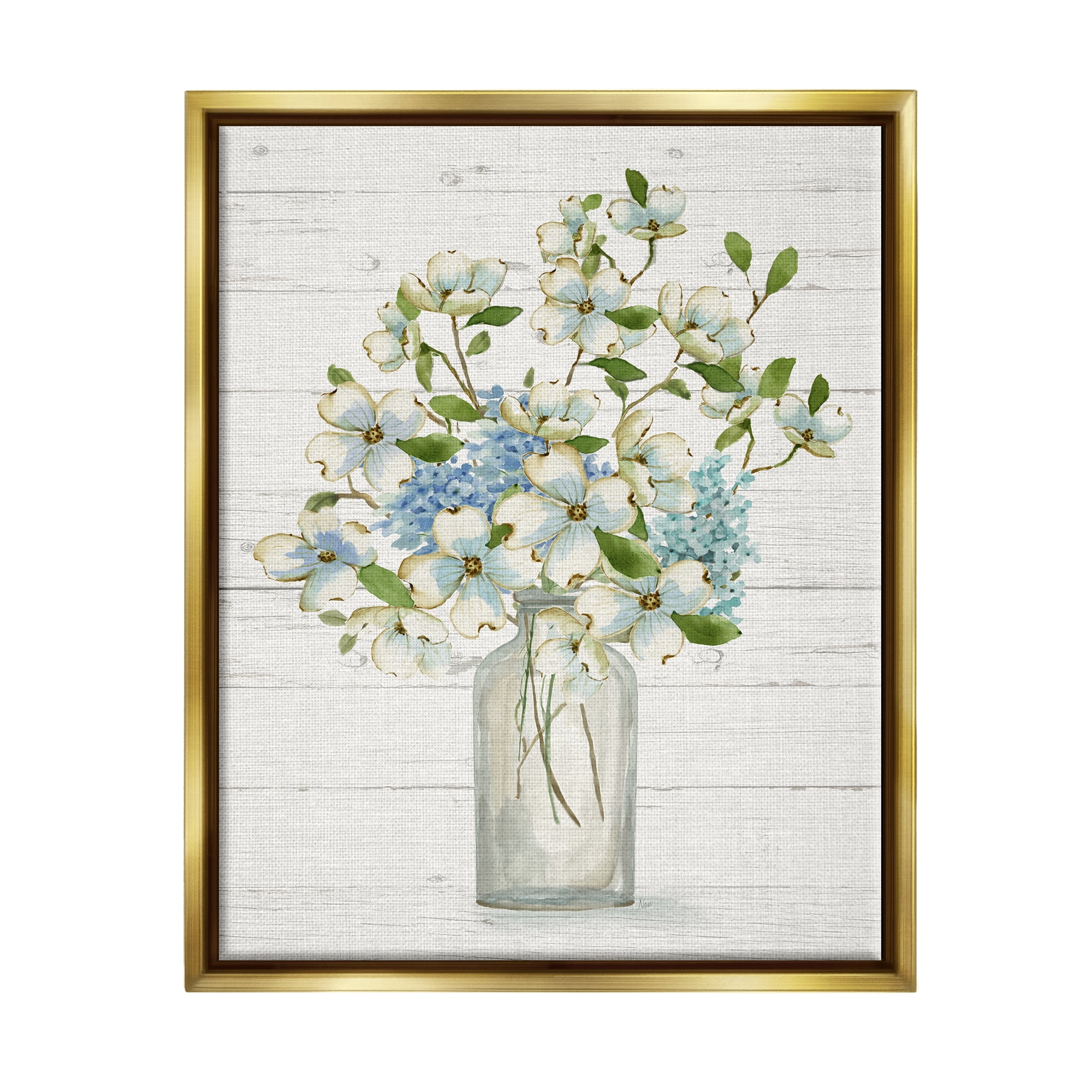 Stupell Industries Rustic Planked Dogwood Bouquet Botanical & Floral Painting Gold Floater Framed Canvas Art Print Wall Art, 25 x 31