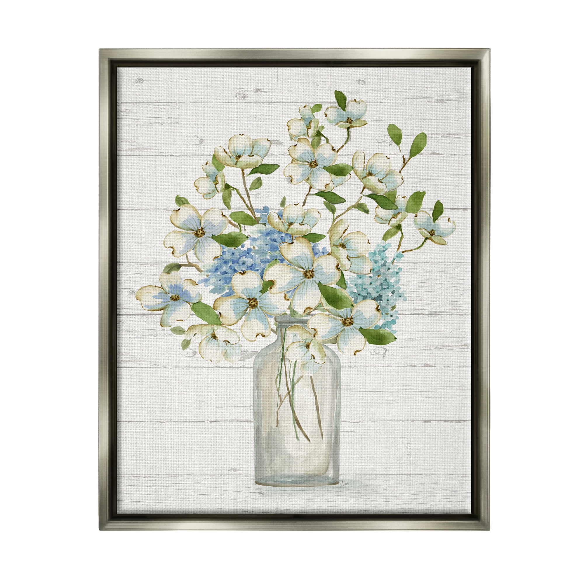Stupell Industries Rustic Planked Dogwood Bouquet Botanical & Floral Painting Gray Floater Framed Canvas Art Print Wall Art, 17 x 21