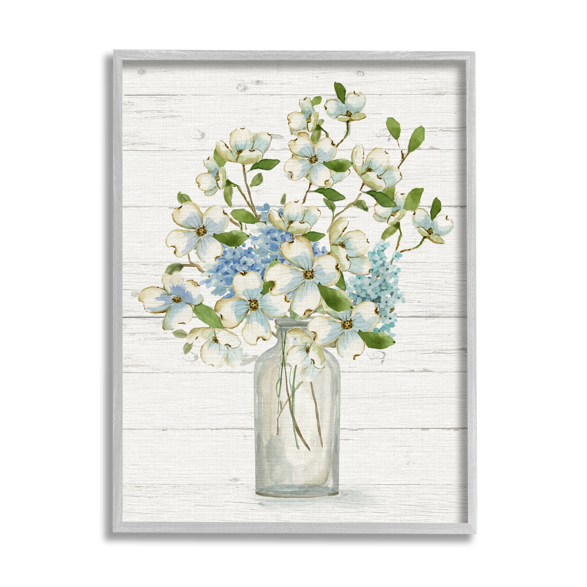 Stupell Industries Rustic Planked Dogwood Bouquet Botanical & Floral Painting Gray Framed Art Print Wall Art, 16 x 20
