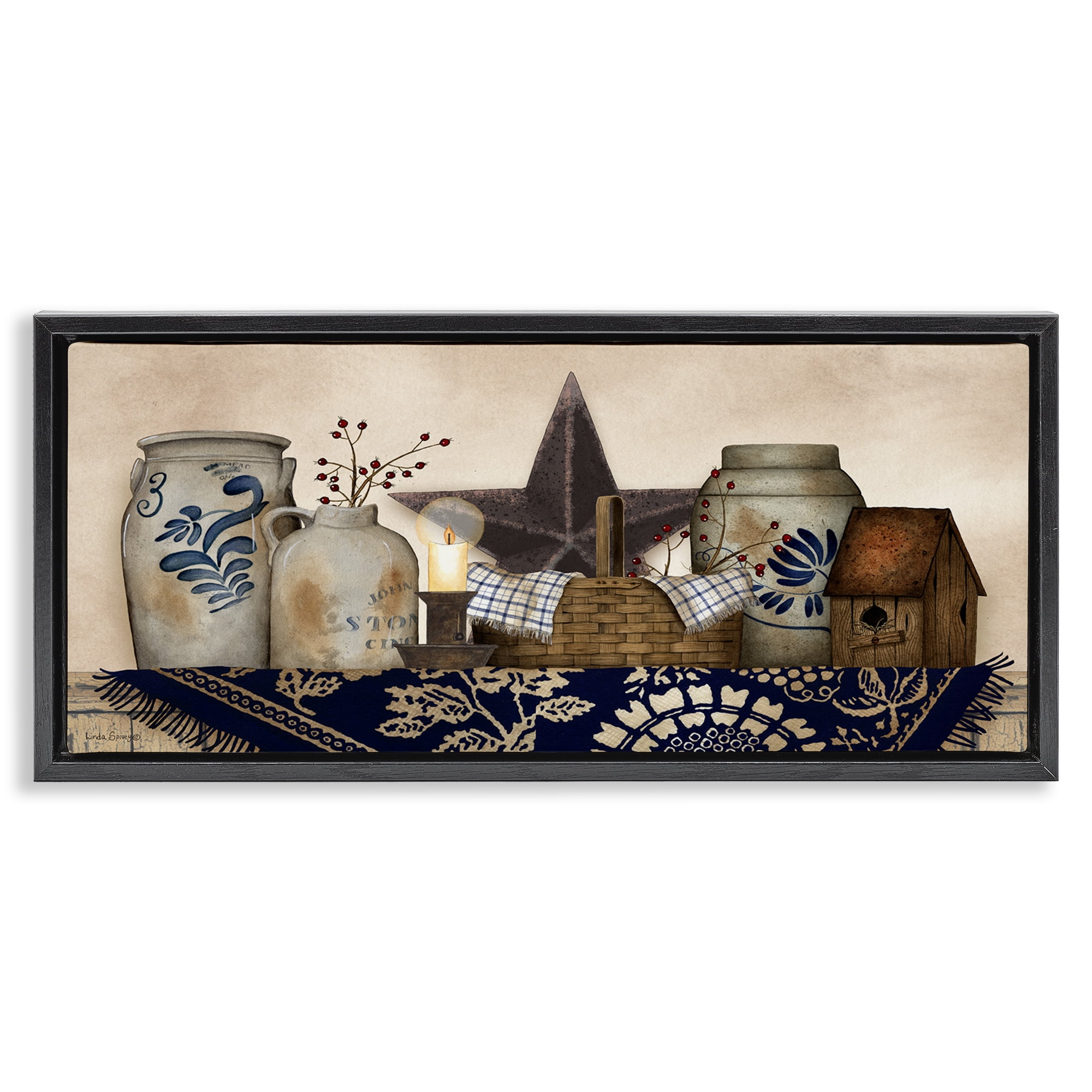 Stupell Industries Rustic Pottery Jars Botanical & Floral Painting Black Floater Framed Canvas Art Print Wall Art, 31 x 14