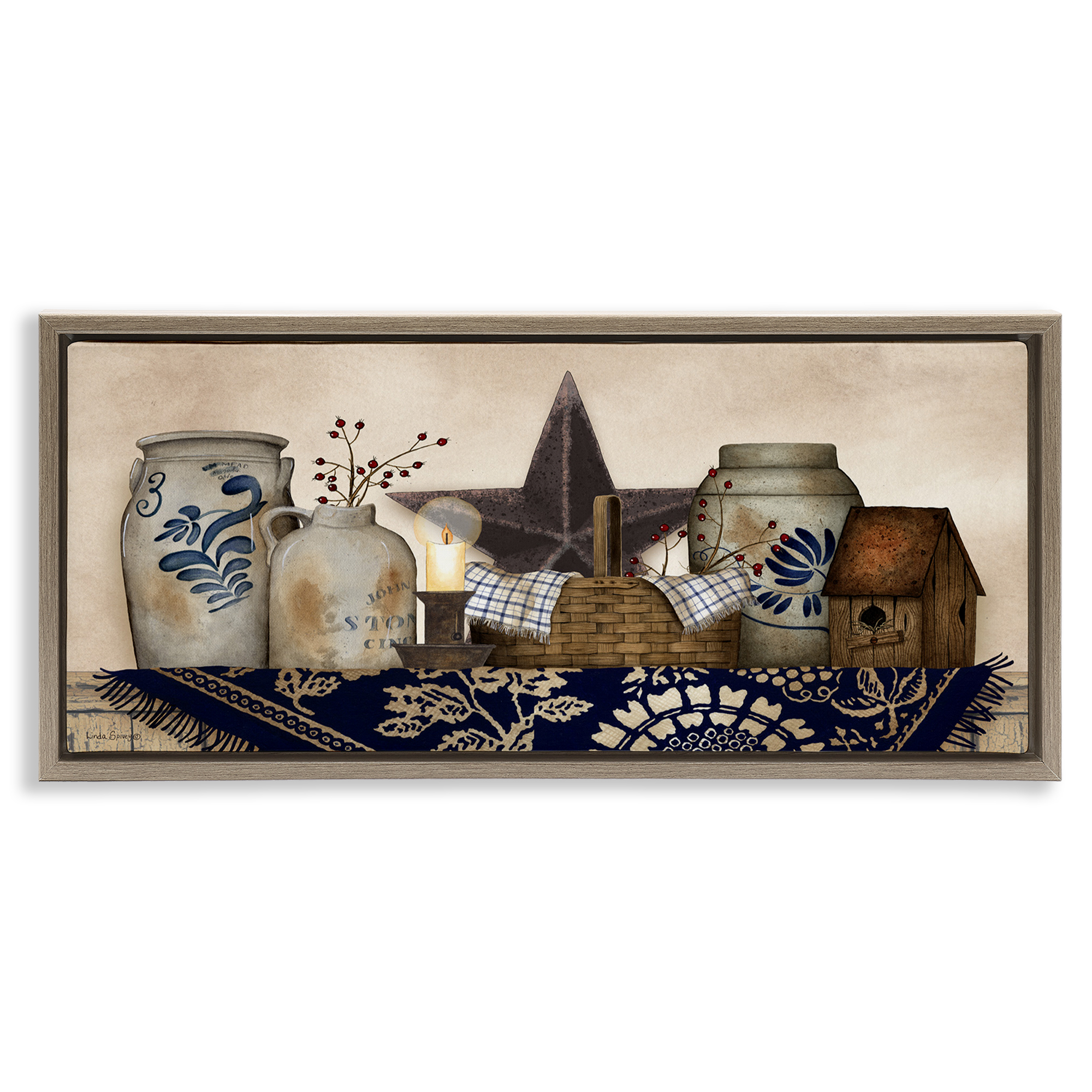 Stupell Industries Rustic Pottery Jars Botanical & Floral Painting Brown Floater Framed Canvas Art Print Wall Art, 31 x 14