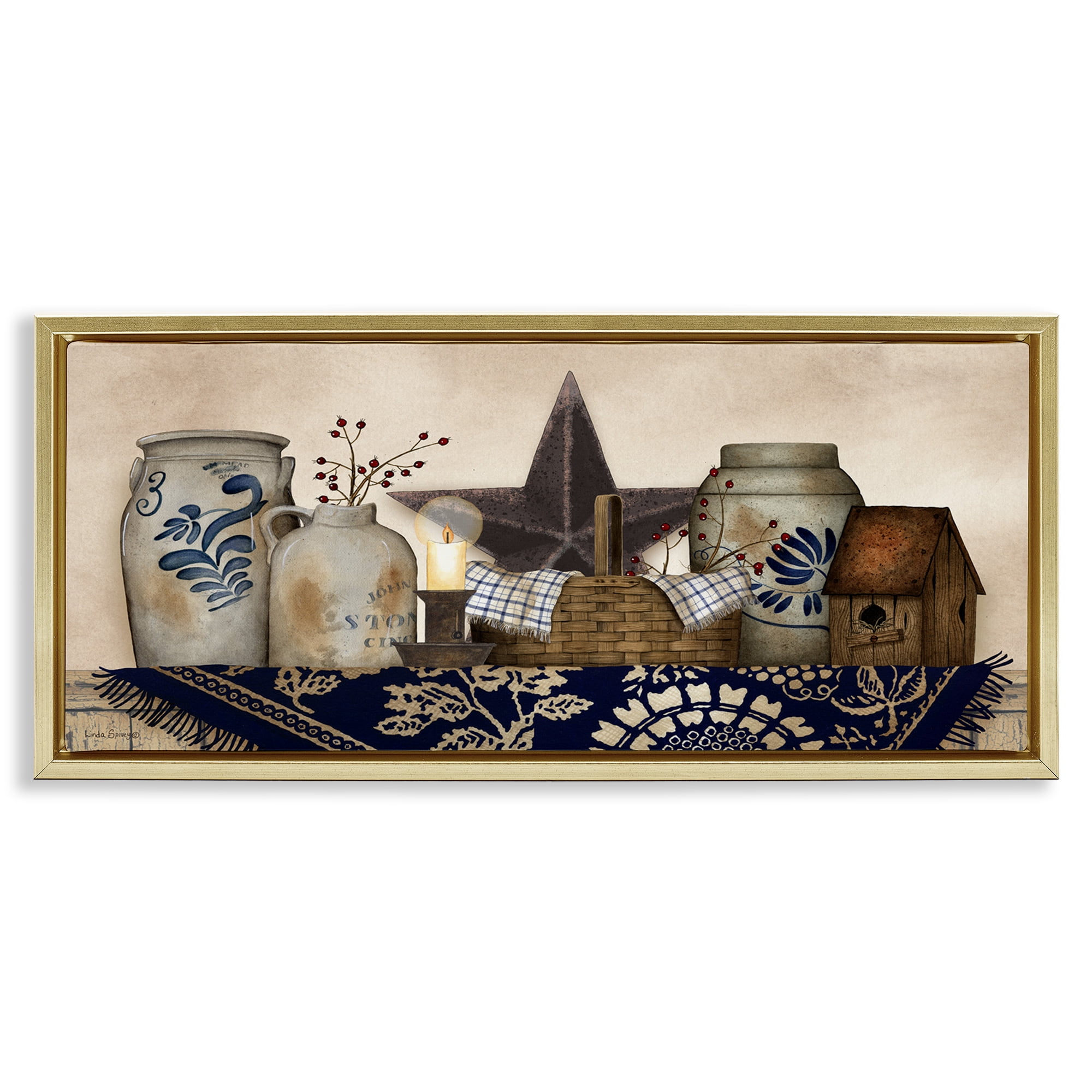 Stupell Industries Rustic Pottery Jars Botanical & Floral Painting Gold Floater Framed Canvas Art Print Wall Art, 31 x 14