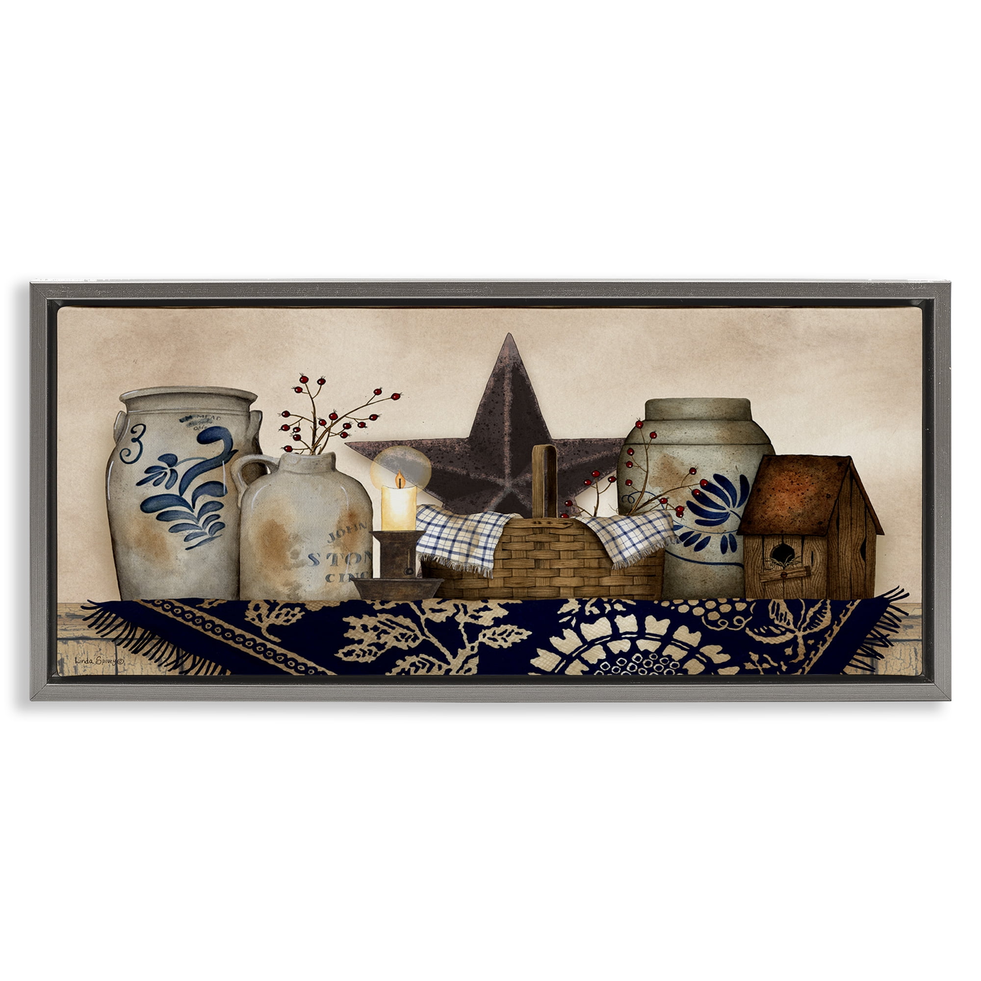 Stupell Industries Rustic Pottery Jars Botanical & Floral Painting Gray Floater Framed Canvas Art Print Wall Art, 25 x 11