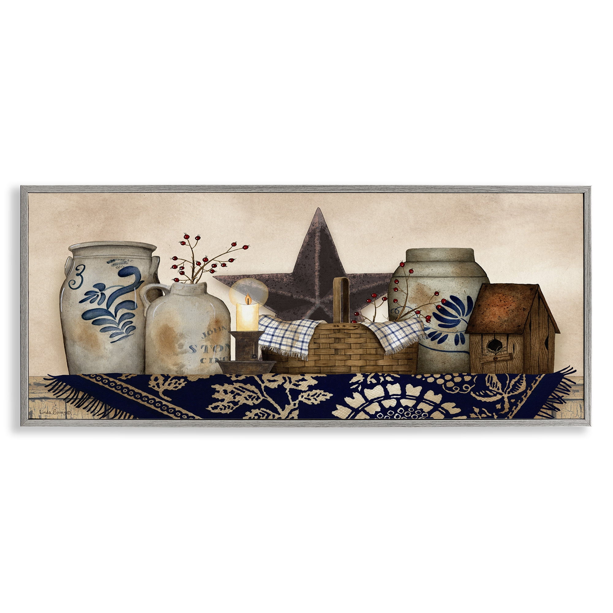Stupell Industries Rustic Pottery Jars Botanical & Floral Painting Gray Framed Art Print Wall Art, 24 x 10