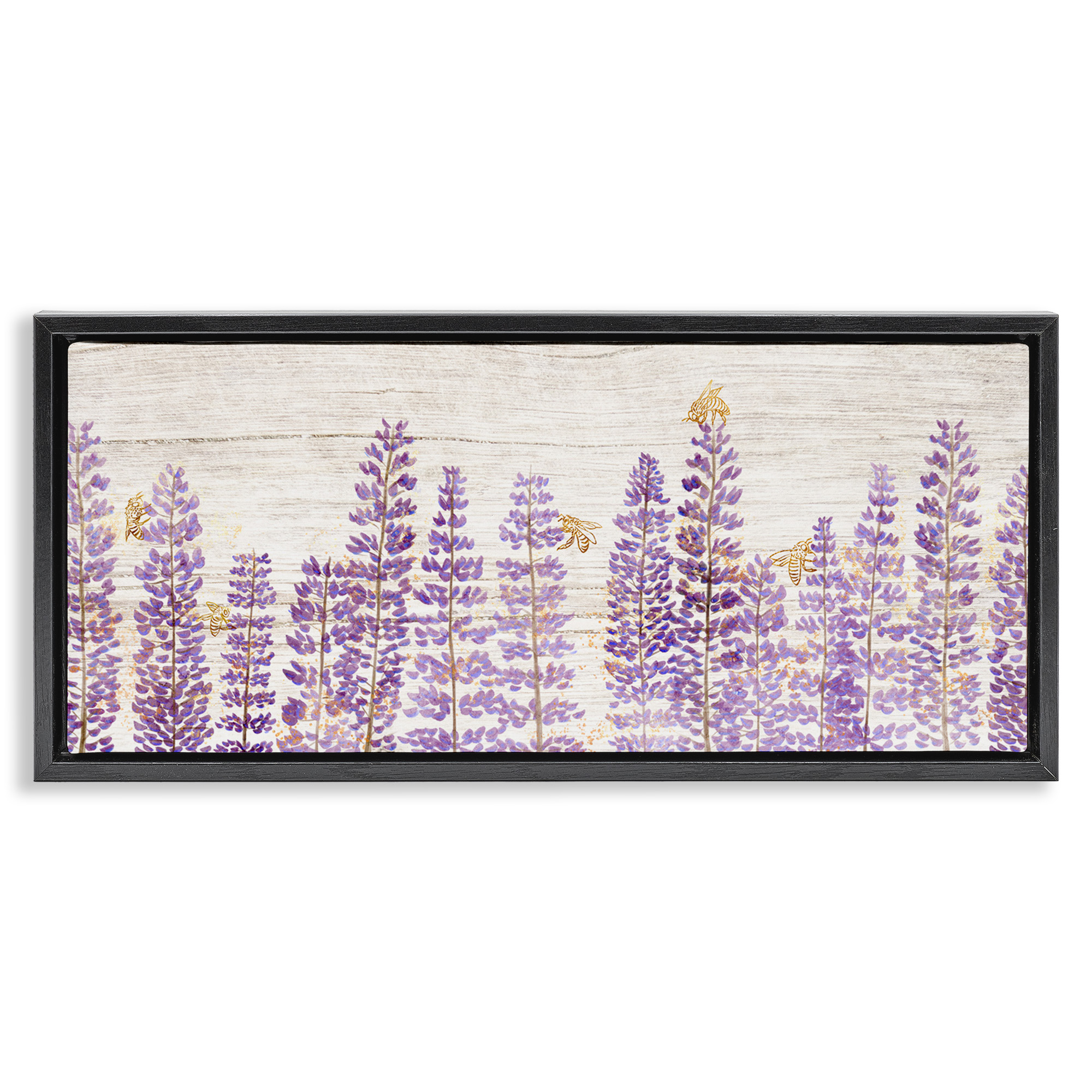Stupell Industries Rustic Purple Lilacs & Bees Botanical & Floral Painting Black Floater Framed Canvas Art Print Wall Art, 25 x 11