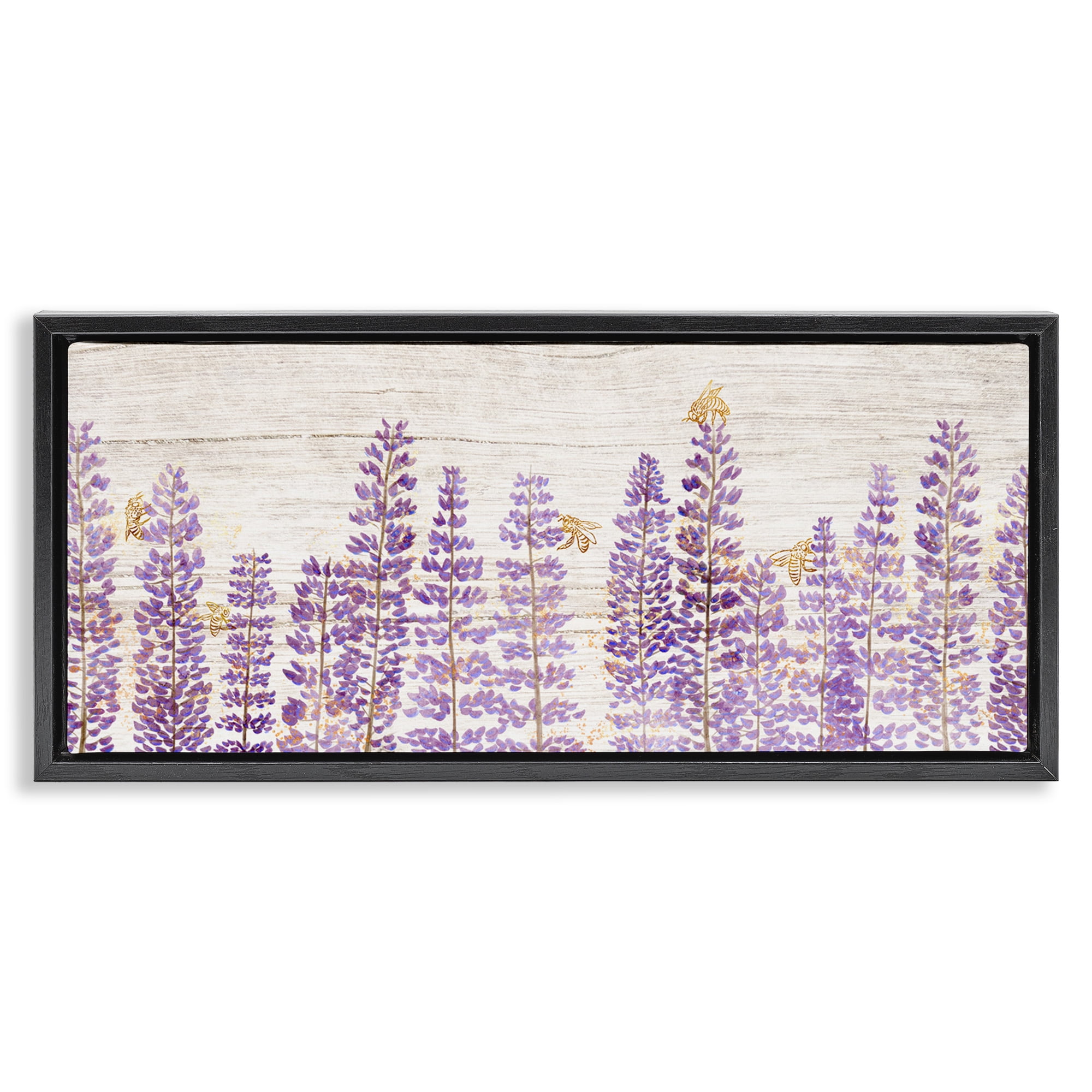 Stupell Industries Rustic Purple Lilacs & Bees Botanical & Floral Painting Black Floater Framed Canvas Art Print Wall Art, 31 x 14