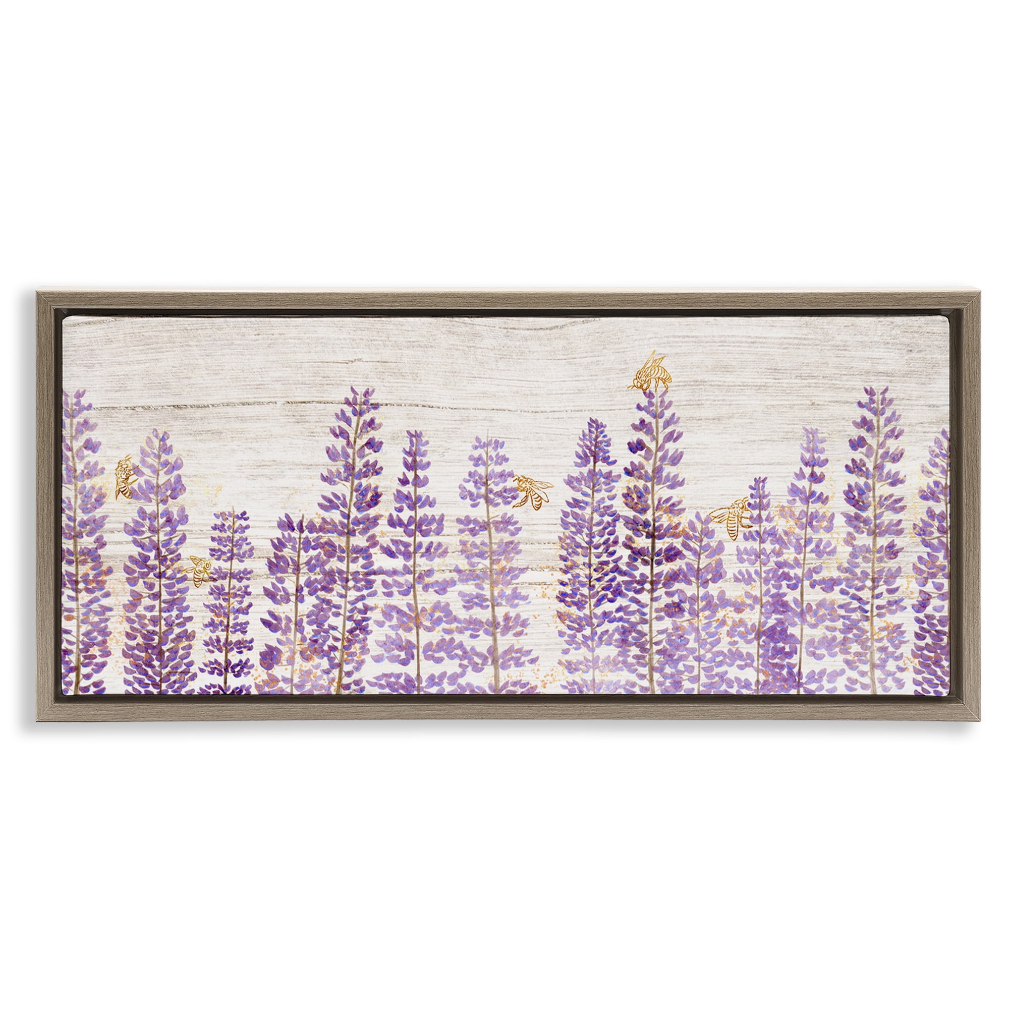 Stupell Industries Rustic Purple Lilacs & Bees Botanical & Floral Painting Brown Floater Framed Canvas Art Print Wall Art, 31 x 14