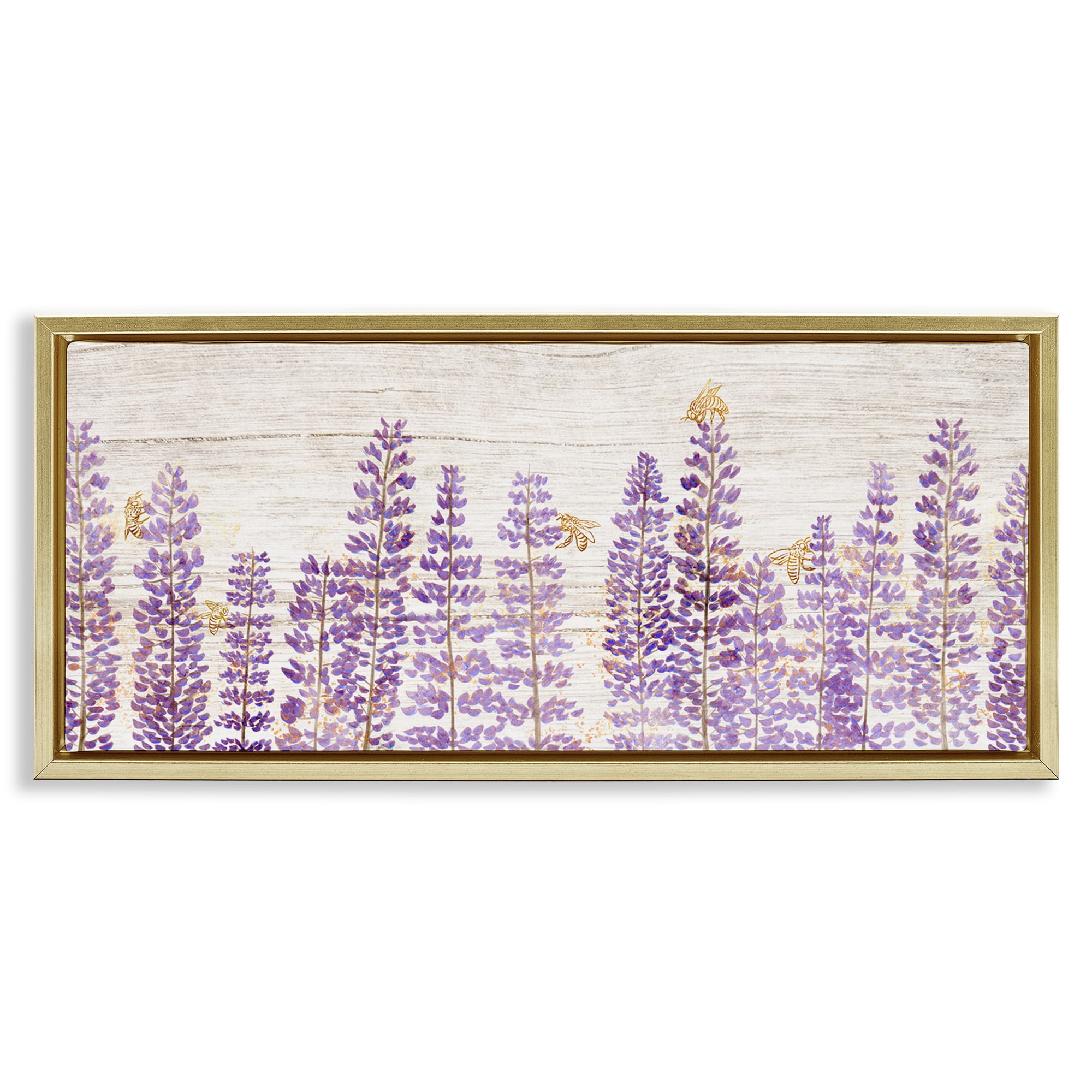 Stupell Industries Rustic Purple Lilacs & Bees Botanical & Floral Painting Gold Floater Framed Canvas Art Print Wall Art, 25 x 11