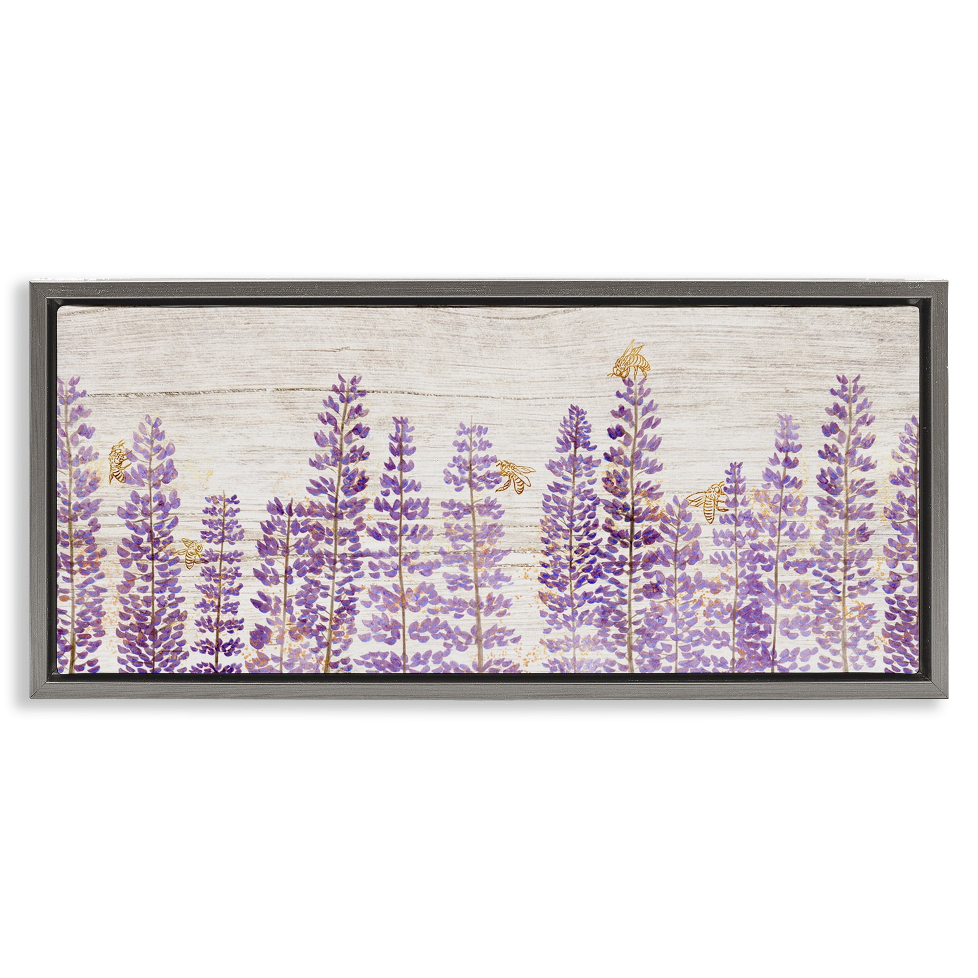 Stupell Industries Rustic Purple Lilacs & Bees Botanical & Floral Painting Gray Floater Framed Canvas Art Print Wall Art, 25 x 11