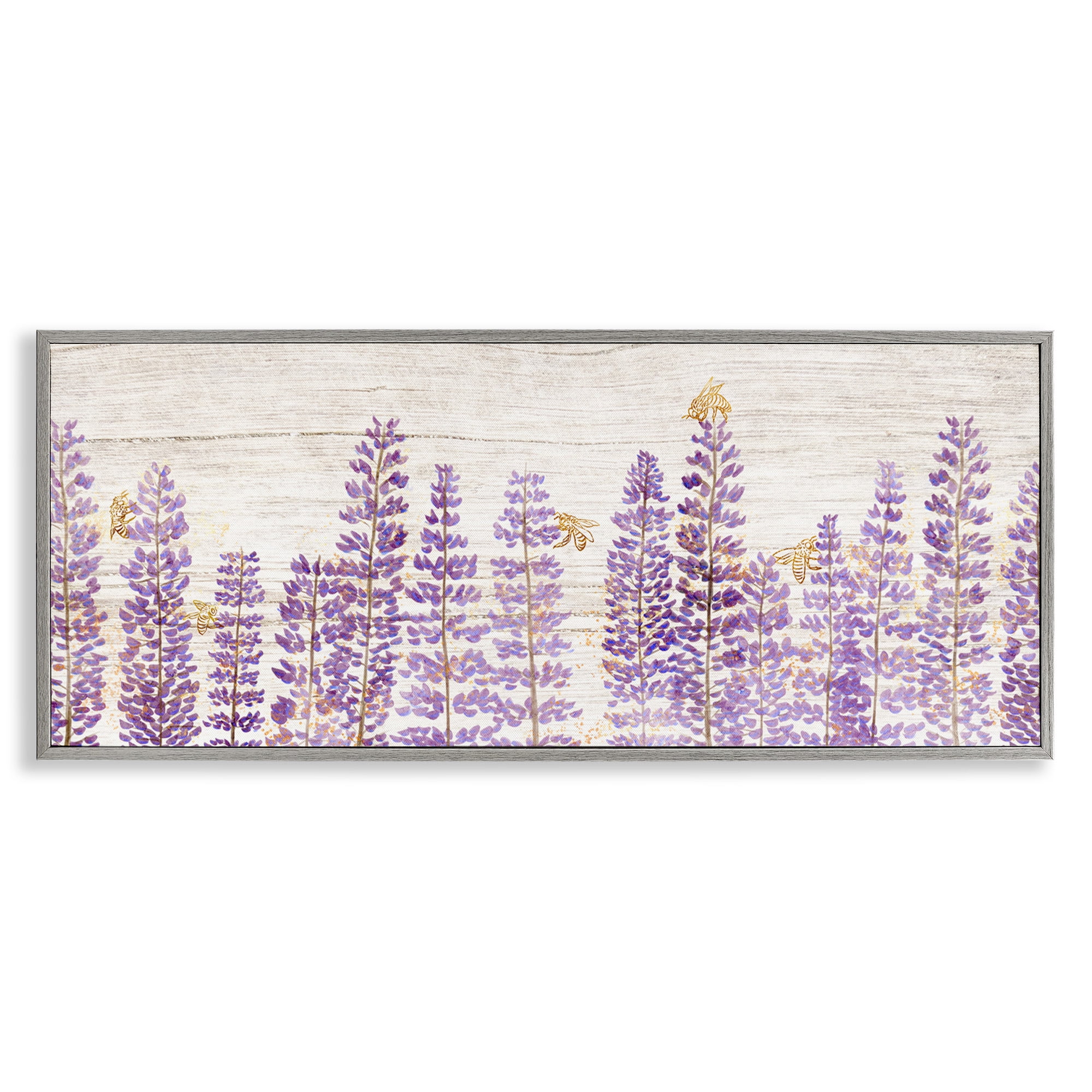Stupell Industries Rustic Purple Lilacs & Bees Botanical & Floral Painting Gray Framed Art Print Wall Art, 30 x 13