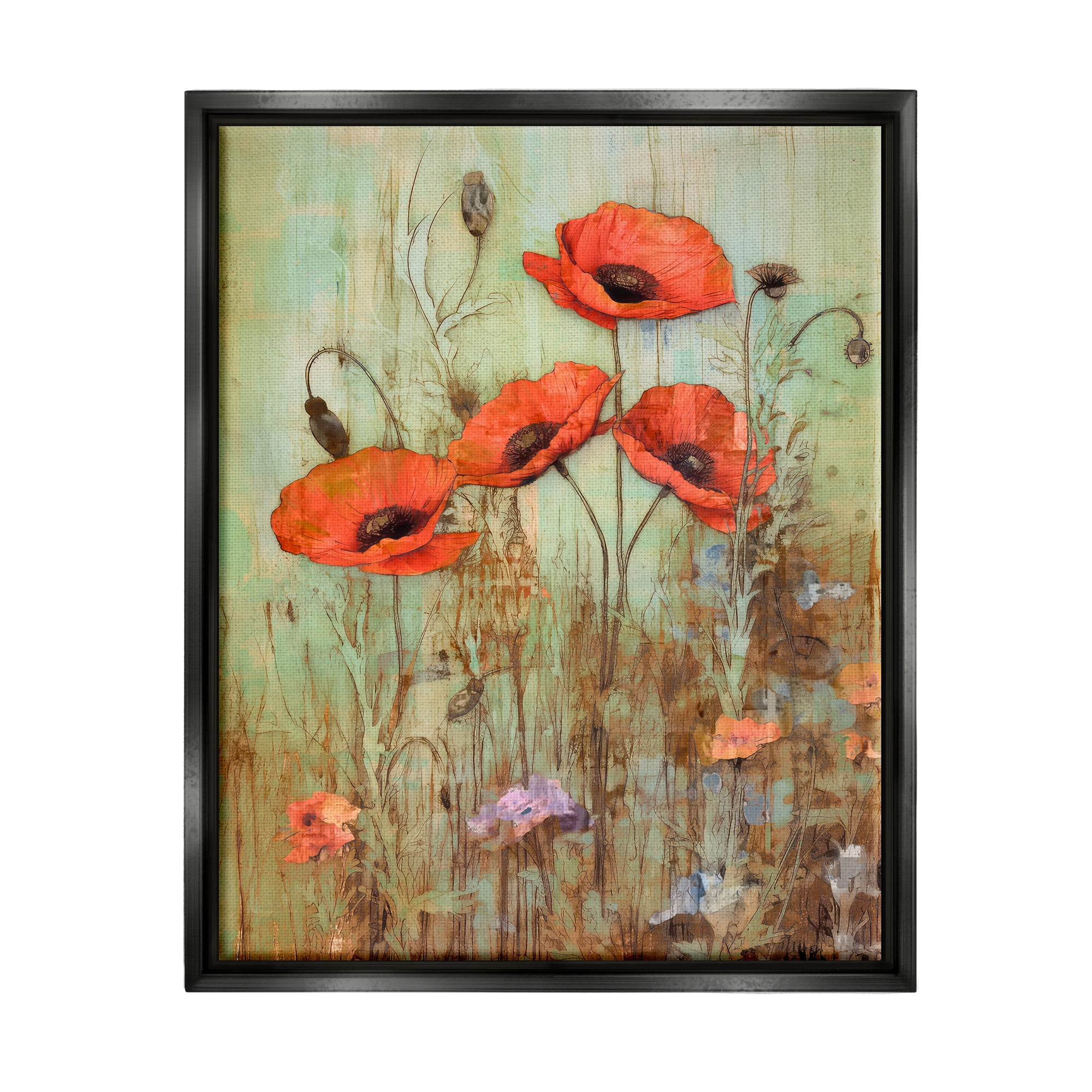 Stupell Industries Rustic Red Poppies Botanical & Floral Painting Black Floater Framed Canvas Art Print Wall Art, 25 x 31