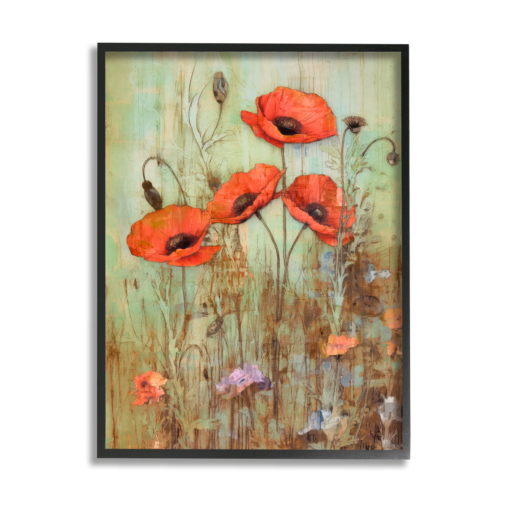 Stupell Industries Rustic Red Poppies Botanical & Floral Painting Black Framed Art Print Wall Art, 16 x 20