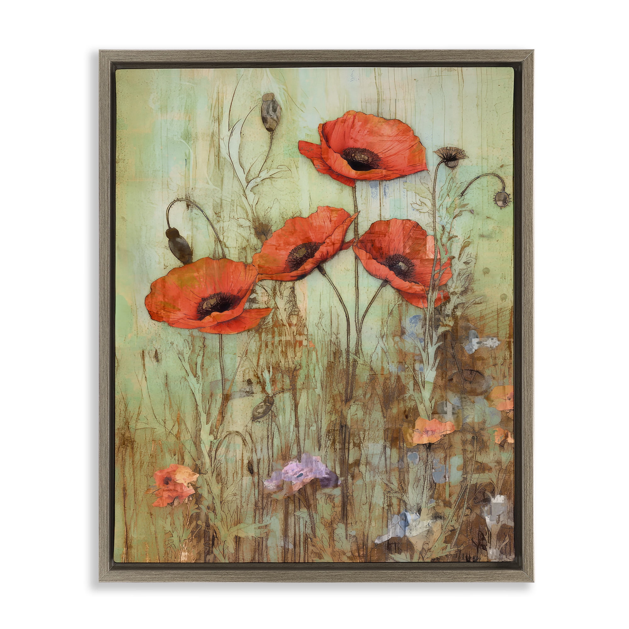 Stupell Industries Rustic Red Poppies Botanical & Floral Painting Brown Floater Framed Canvas Art Print Wall Art, 17 x 21