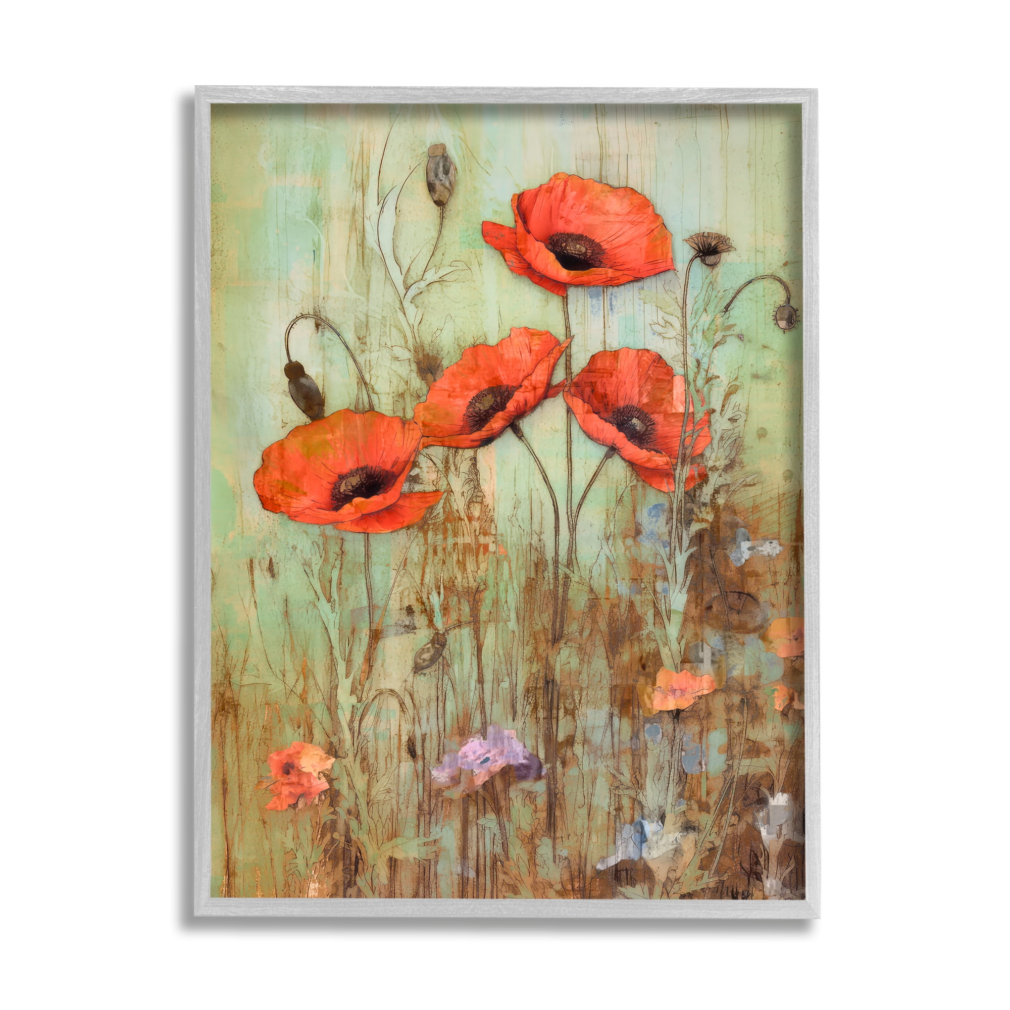 Rustic Red Poppies Abstract Canvas Print with Gray Frame