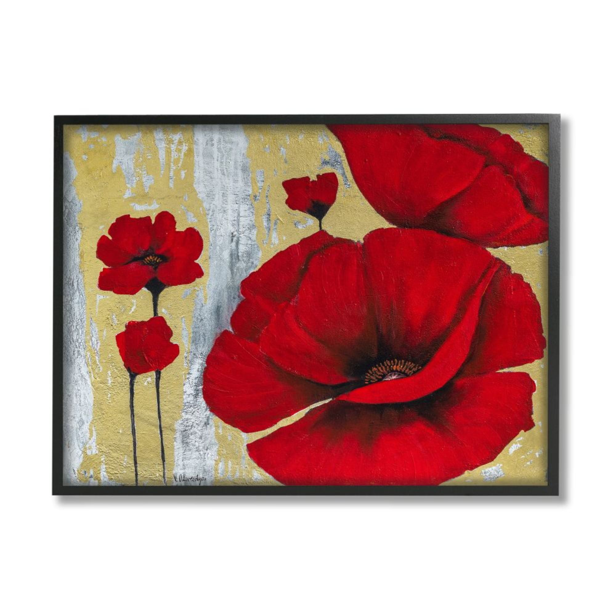 Stupell Industries Rustic Red Poppy Florals Distressed Grey Gold Design by Vahan Alaverdyan