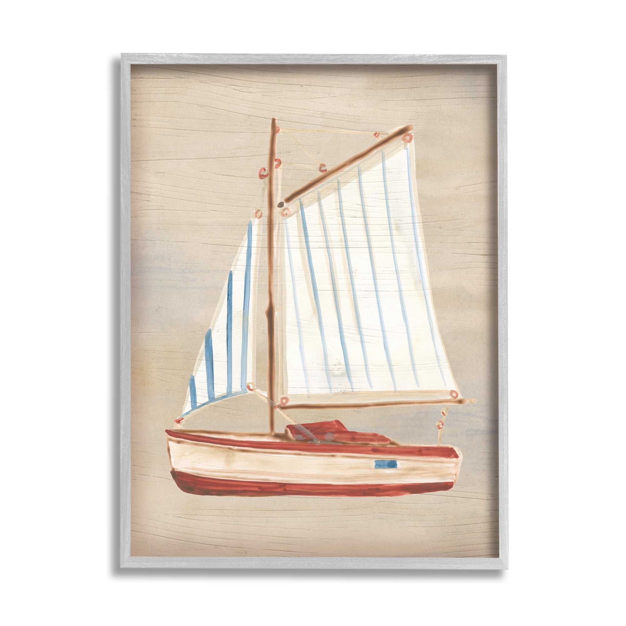 Stupell Industries Rustic Red Sailboat Transportation Painting Gray Framed Art Print Wall Art, 24 x 30