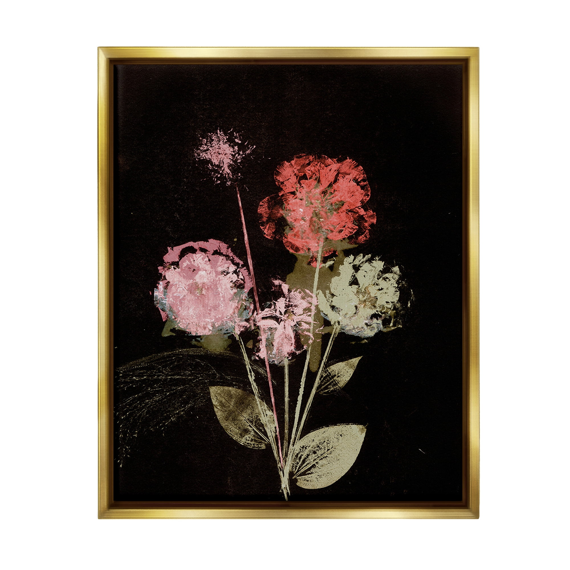 Stupell Industries Rustic Roses on Black Botanical & Floral Painting Gold Floater Framed Canvas Art Print Wall Art, 17 x 21