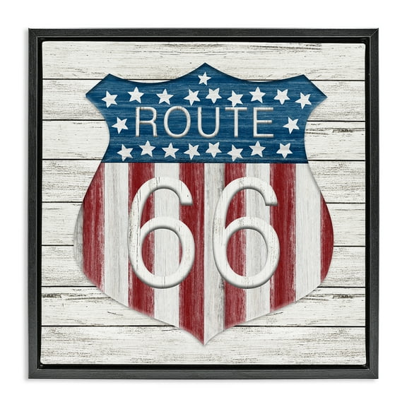 Stupell Industries Rustic Route 66 Patriotic Painting Black Floater Framed Canvas Art Print Wall Art, 18 x 18