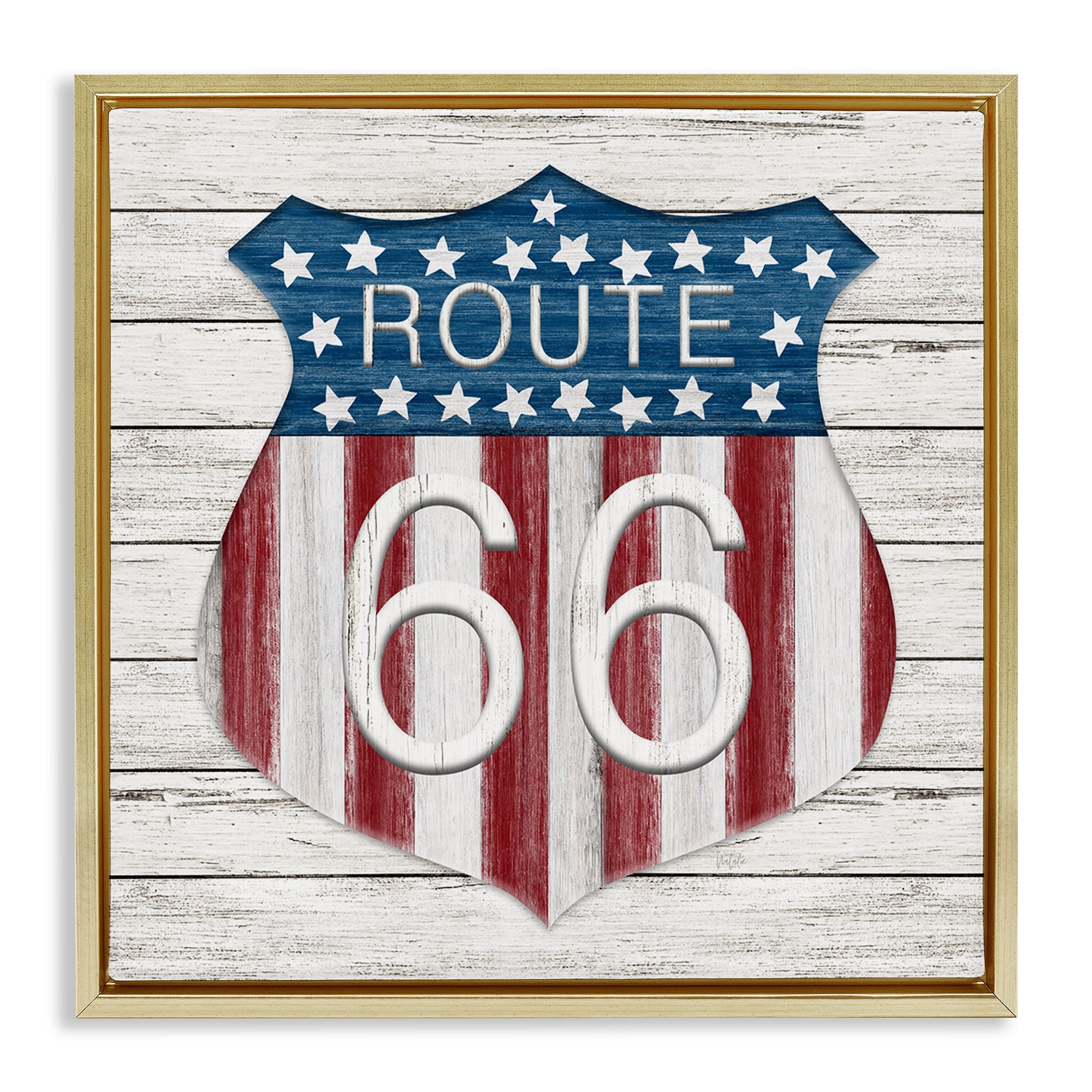 Stupell Industries Rustic Route 66 Patriotic Painting Gold Floater Framed Canvas Art Print Wall Art, 25 x 25