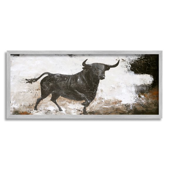 Stupell Industries Rustic Running Bull Abstract Animal Painting Wild Cattle, 24 x 10, Design by Design Fabrikken