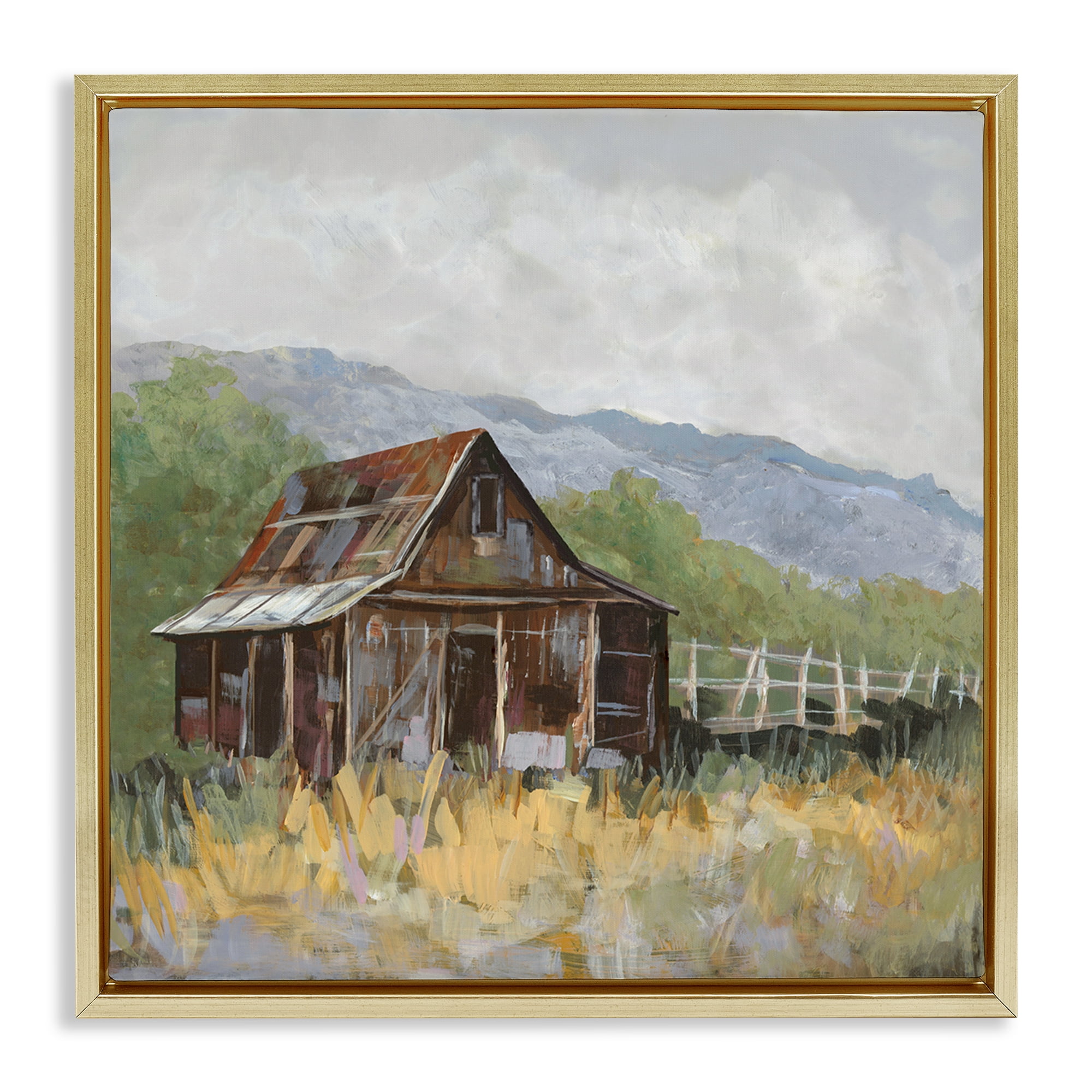 Stupell Industries Rustic Rural Lodge Landscape & Nature Painting Gold Floater Framed Canvas Art Print Wall Art, 18 x 18