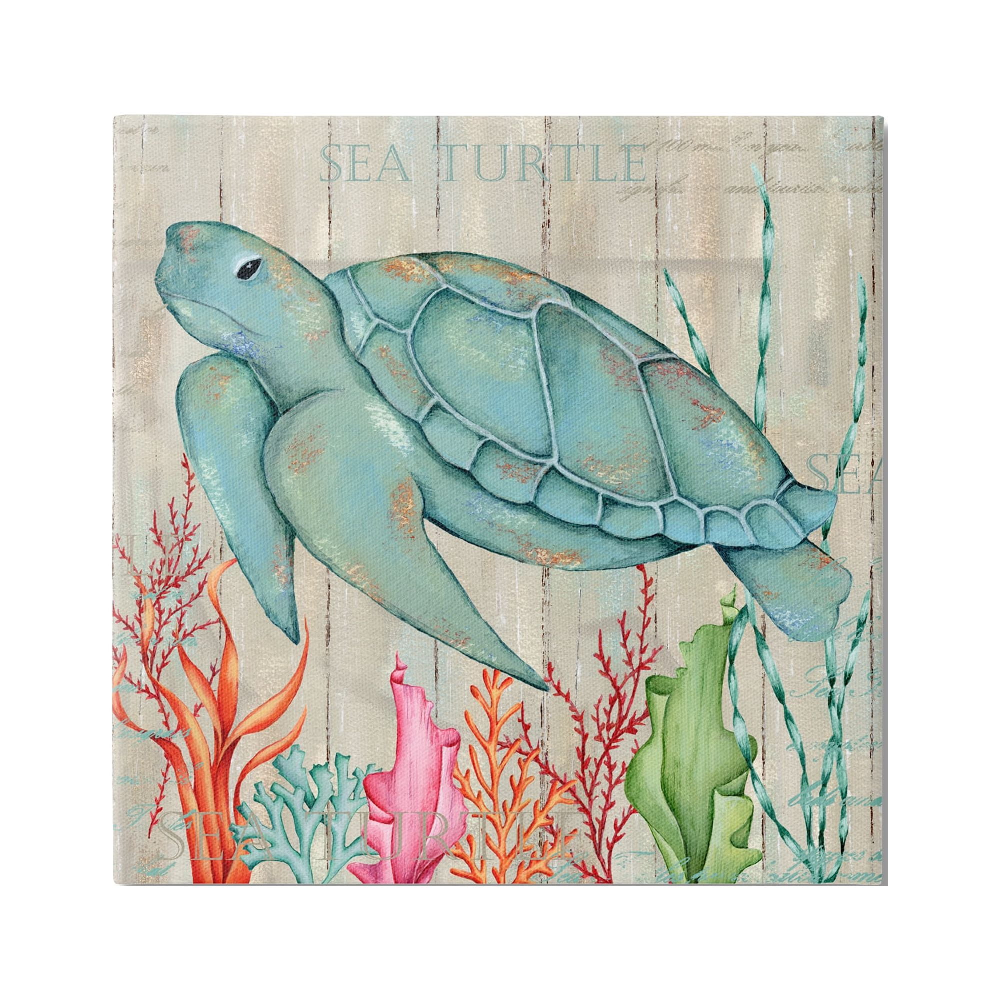 Rustic Sea Turtle Canvas Wall Art with Coral Accents, 24 x 24