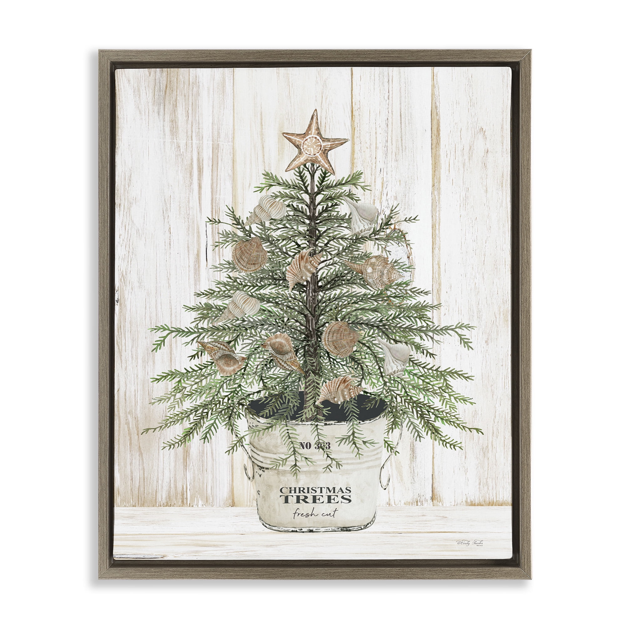 Stupell Industries Rustic Seashell Christmas Tree Holiday Painting Brown Floater Framed Canvas Art Print Wall Art, 17 x 21