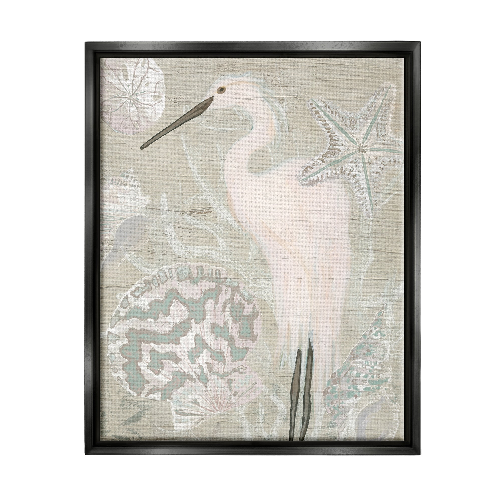 Stupell Industries Rustic Seashells Egret Bird Grainy Pattern Sign Graphic Art Jet Black Floating Framed Canvas Print Wall Art, Design by June Erica Vess