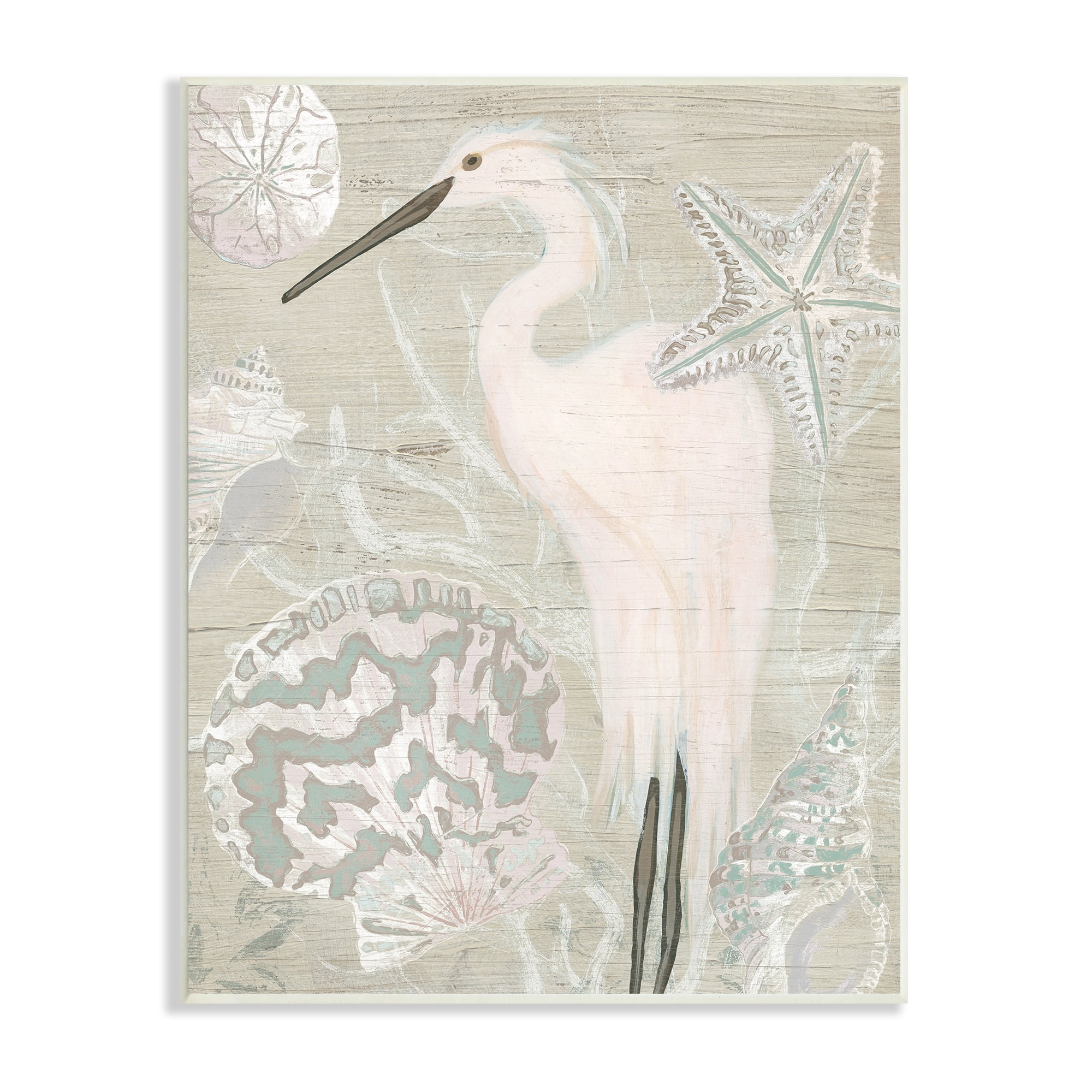 Stupell Industries Rustic Seashells Egret Bird Grainy Pattern Sign Graphic Art Unframed Art Print Wall Art, Design by June Erica Vess