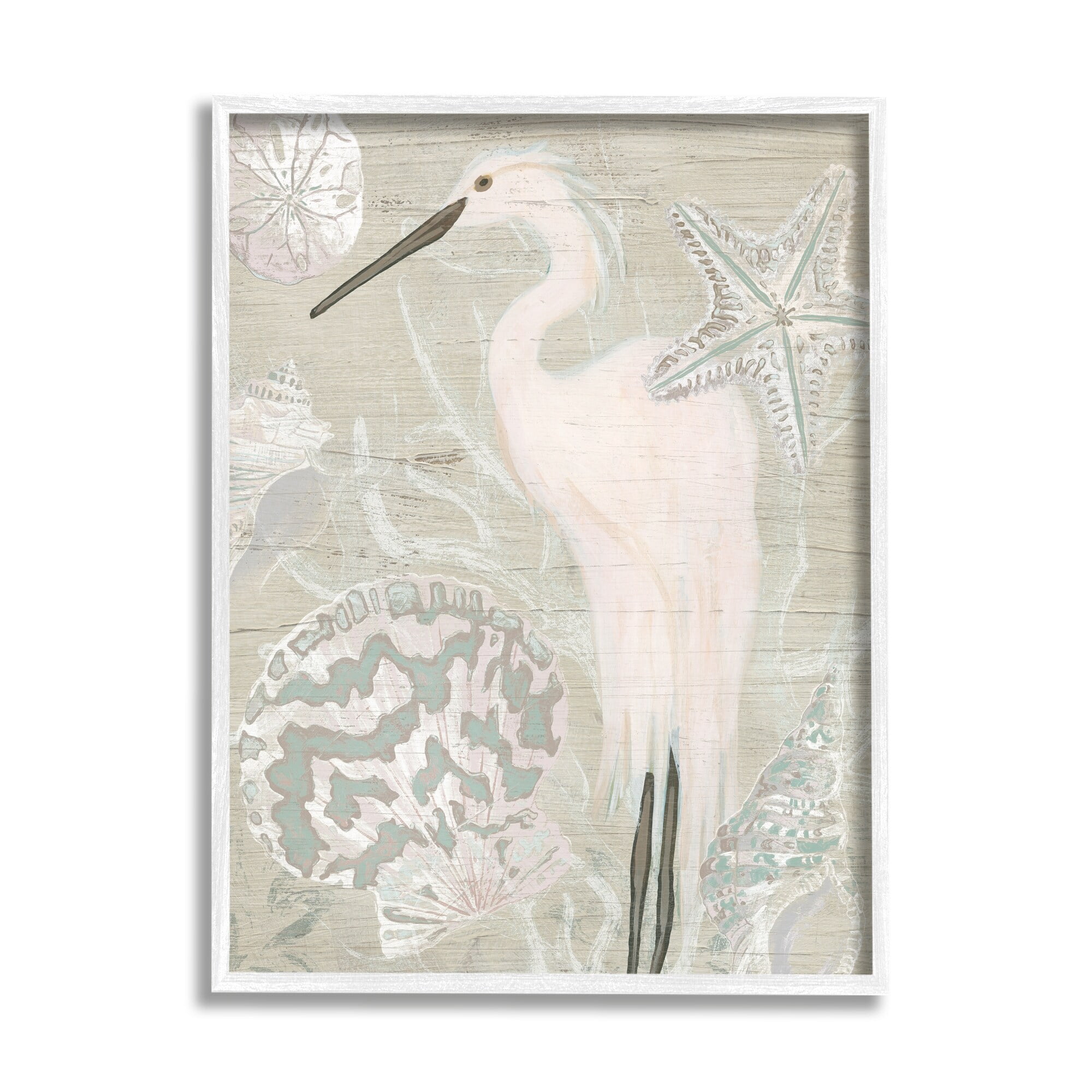 Stupell Industries Rustic Seashells Egret Bird Grainy Pattern Sign Graphic Art White Framed Art Print Wall Art, Design by June Erica Vess