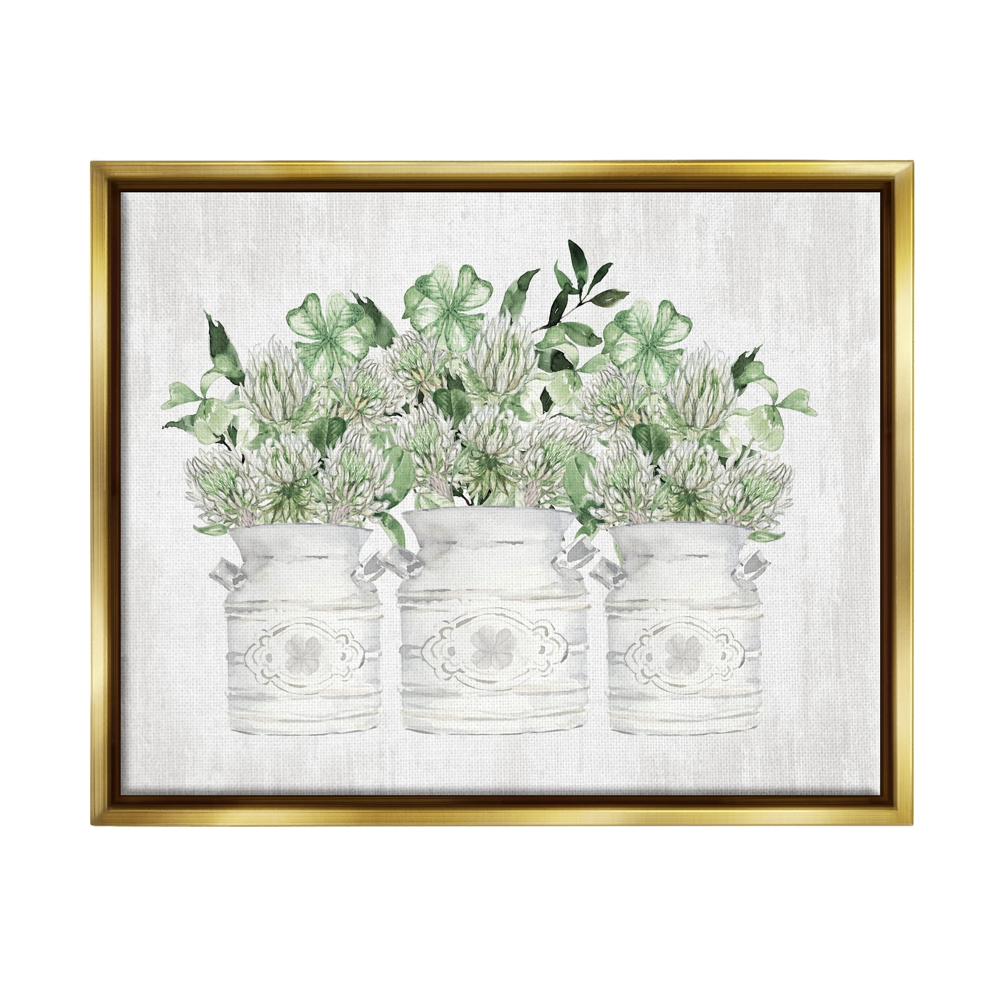 Stupell Industries Rustic Shamrock Bouquets Botanical & Floral Painting Gold Floater Framed Canvas Art Print Wall Art, 21 x 17