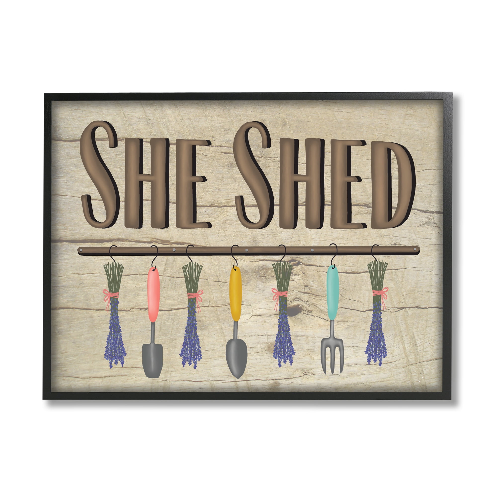 Stupell Industries Rustic She Shed Phrase Lavender Bunches Garden Tools Country Painting Black framed Art Print Wall Art, 24 x 30, Design by Darlene Seale