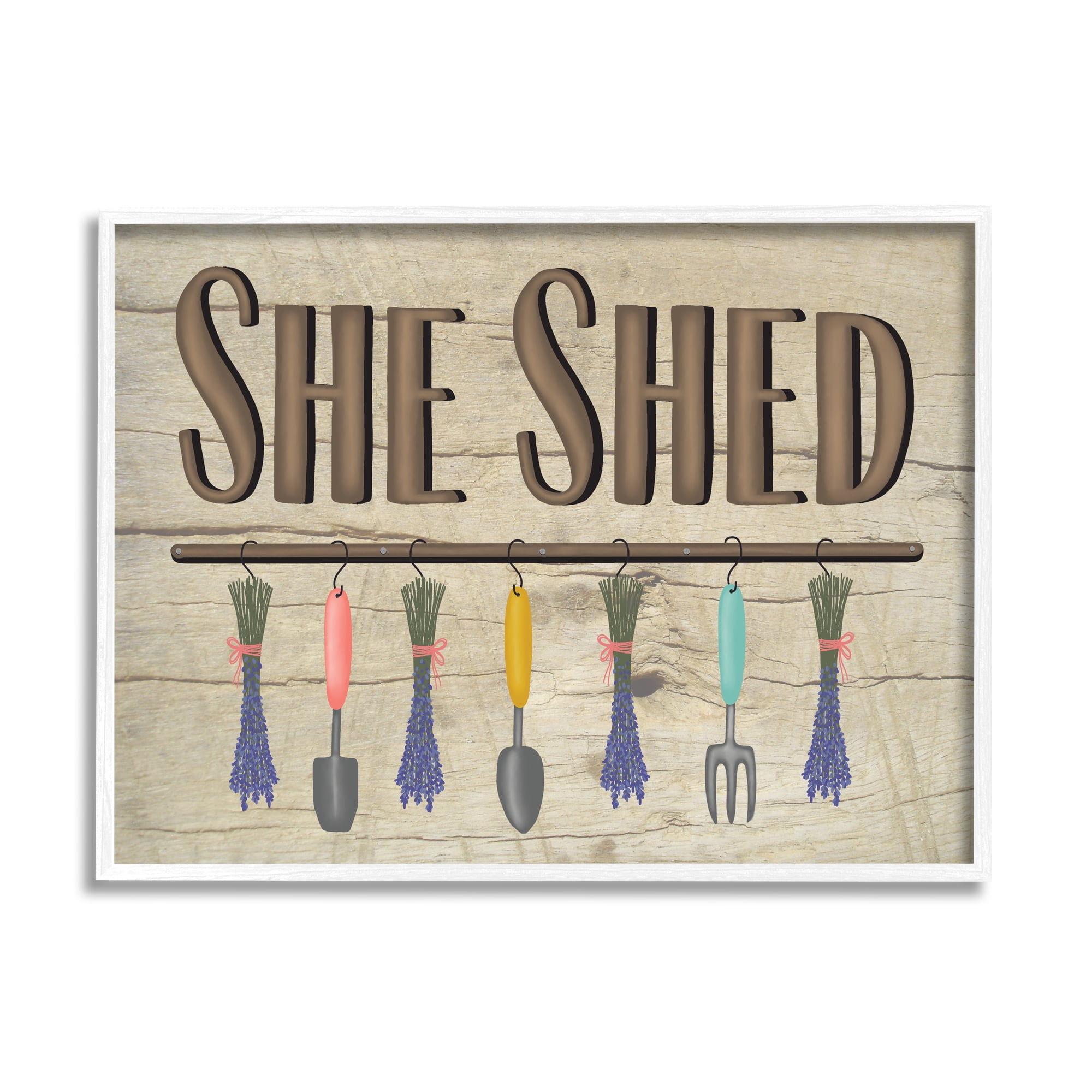 Stupell Industries Rustic She Shed Phrase Lavender Bunches Garden Tools Country Painting White framed Art Print Wall Art, 11 x 14, Design by Darlene Seale