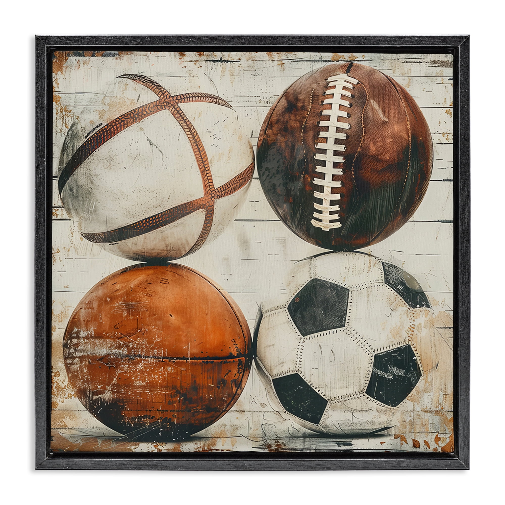 Stupell Industries Rustic Sports Balls Sports Painting Black Floater Framed Canvas Art Print Wall Art, 25 x 25