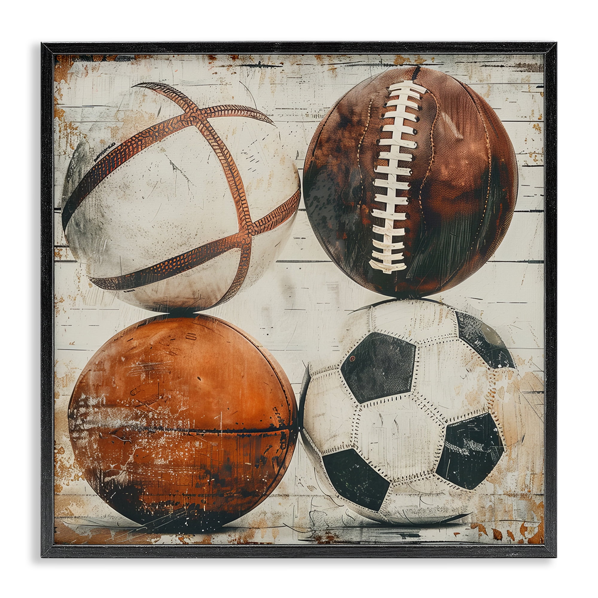 Stupell Industries Rustic Sports Balls Sports Painting Black Framed Art Print Wall Art, 12 x 12