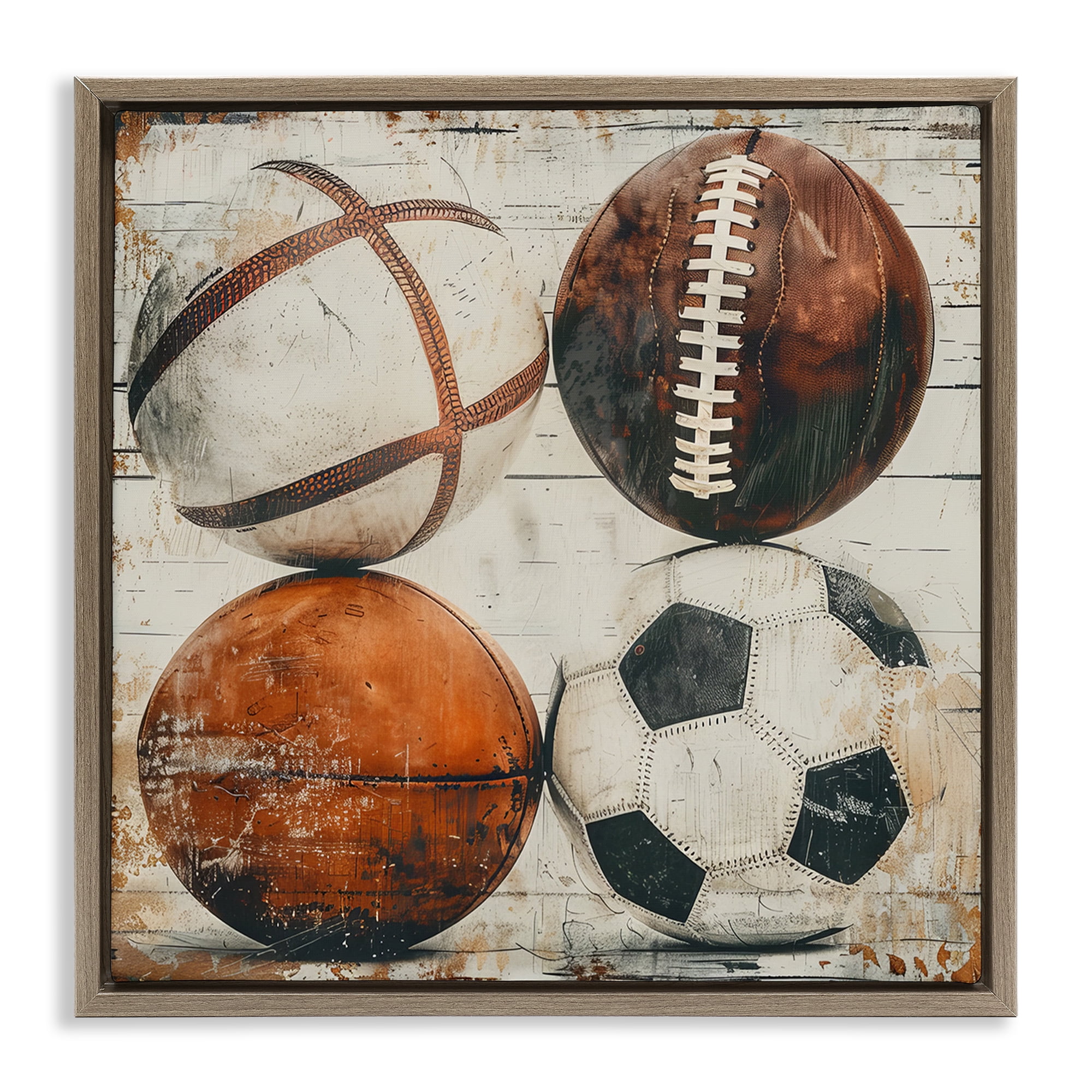 Stupell Industries Rustic Sports Balls Sports Painting Brown Floater Framed Canvas Art Print Wall Art, 18 x 18