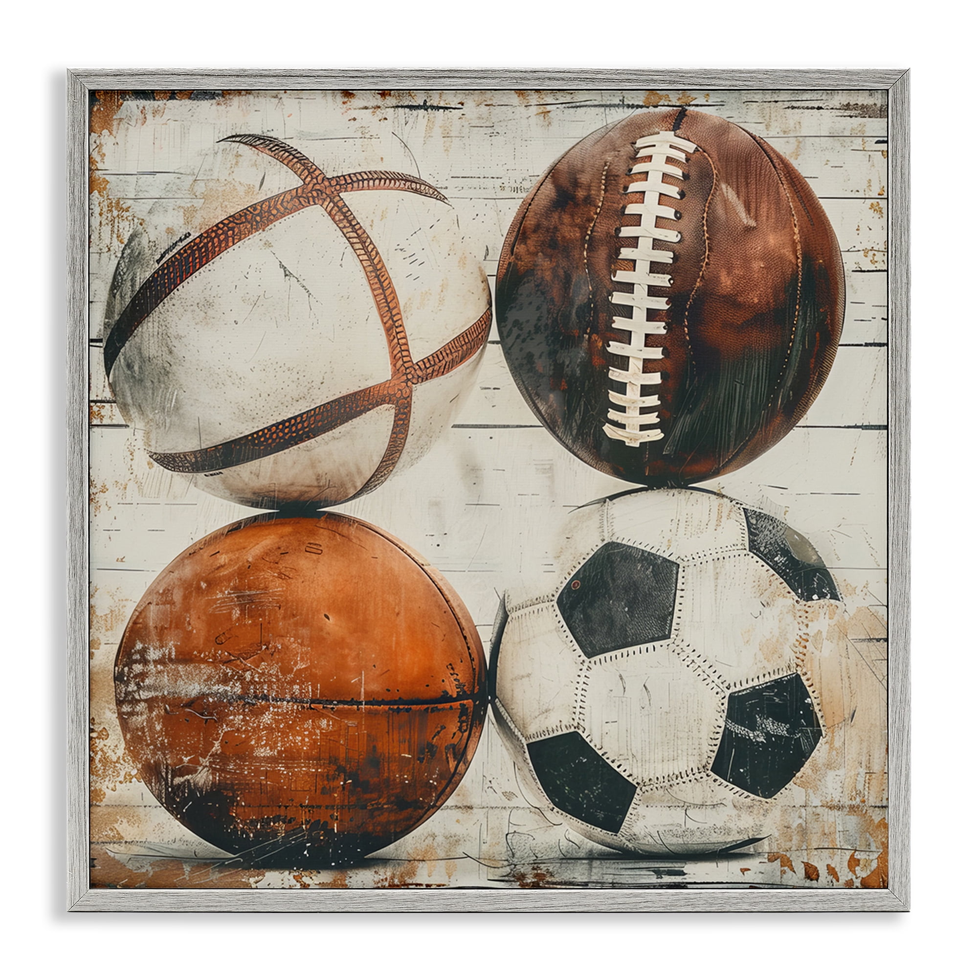 Stupell Industries Rustic Sports Balls Sports Painting Gray Framed Art Print Wall Art, 24 x 24